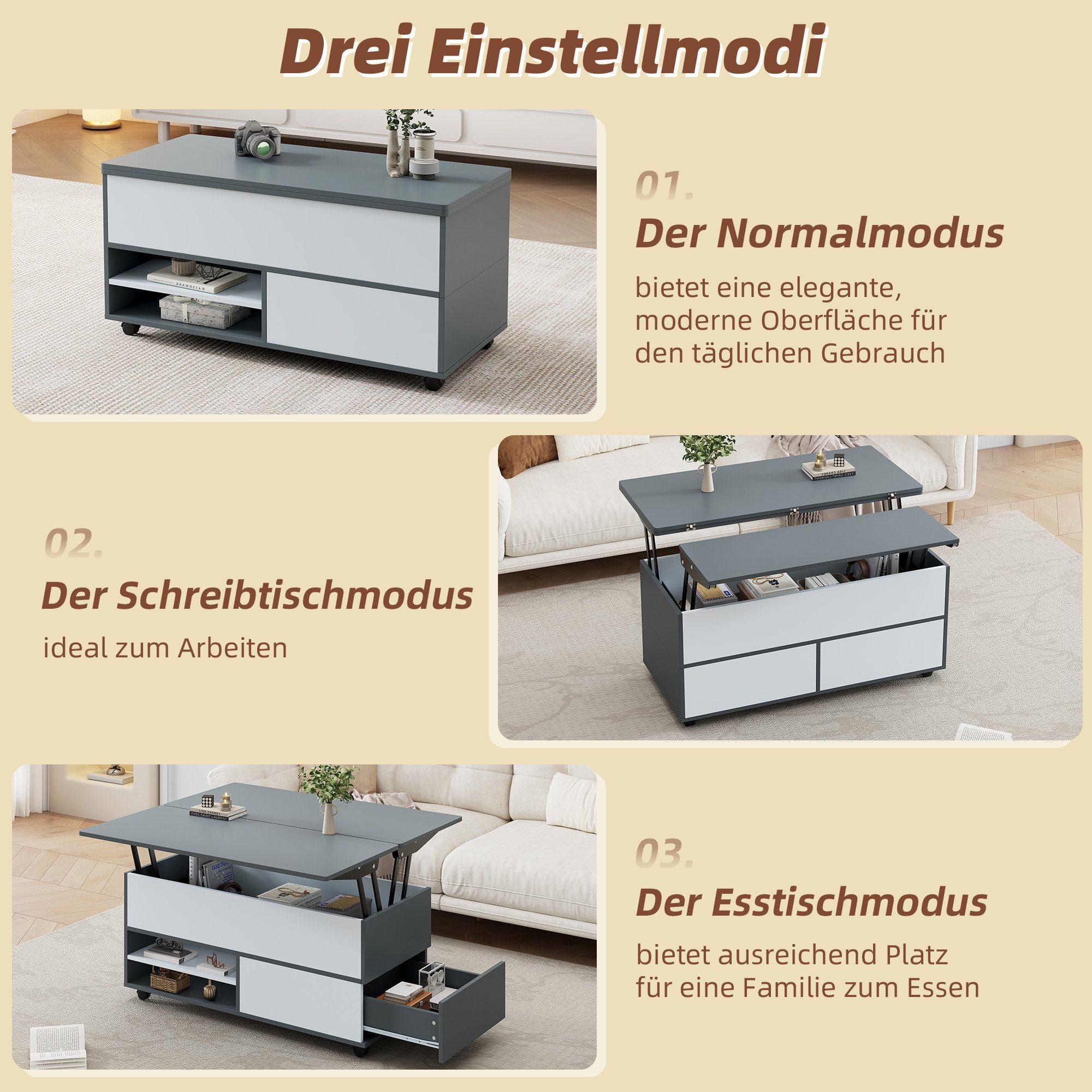 Merax Couchtisch höhenverstellbar Sofatisch Beistelltisch in Weiß-Grau (1-St), Wohnzimmertisch mit Schublade Schrank & Ablagefächern, 100x98x65cm – Bild 4 von 5