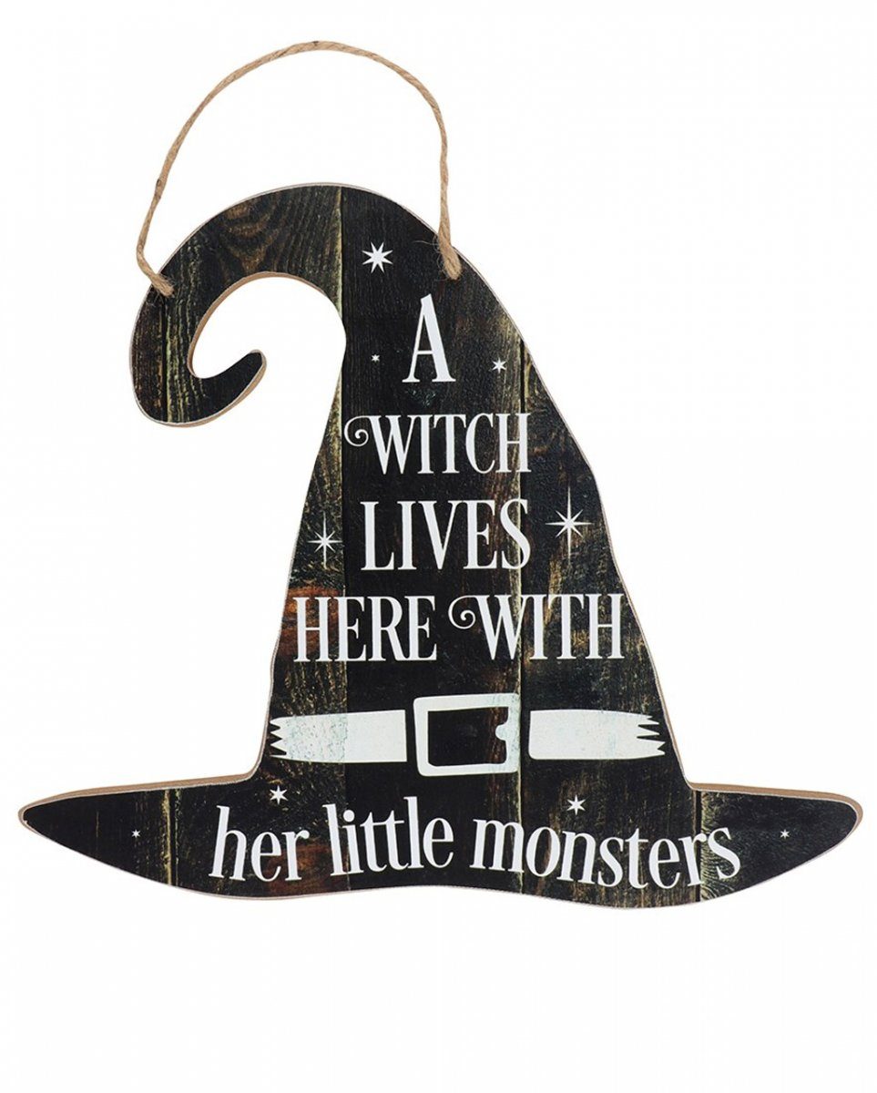 Horror-Shop Dekofigur Schwarzer Hexen Hut als Schild A Witch Lives Here