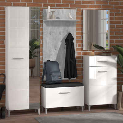 Homestyle4u Garderoben-Set Garderobenset 5-teilig Komplettset Holz Weiß Grau Flurgarderobe Sitzba, (5-St)