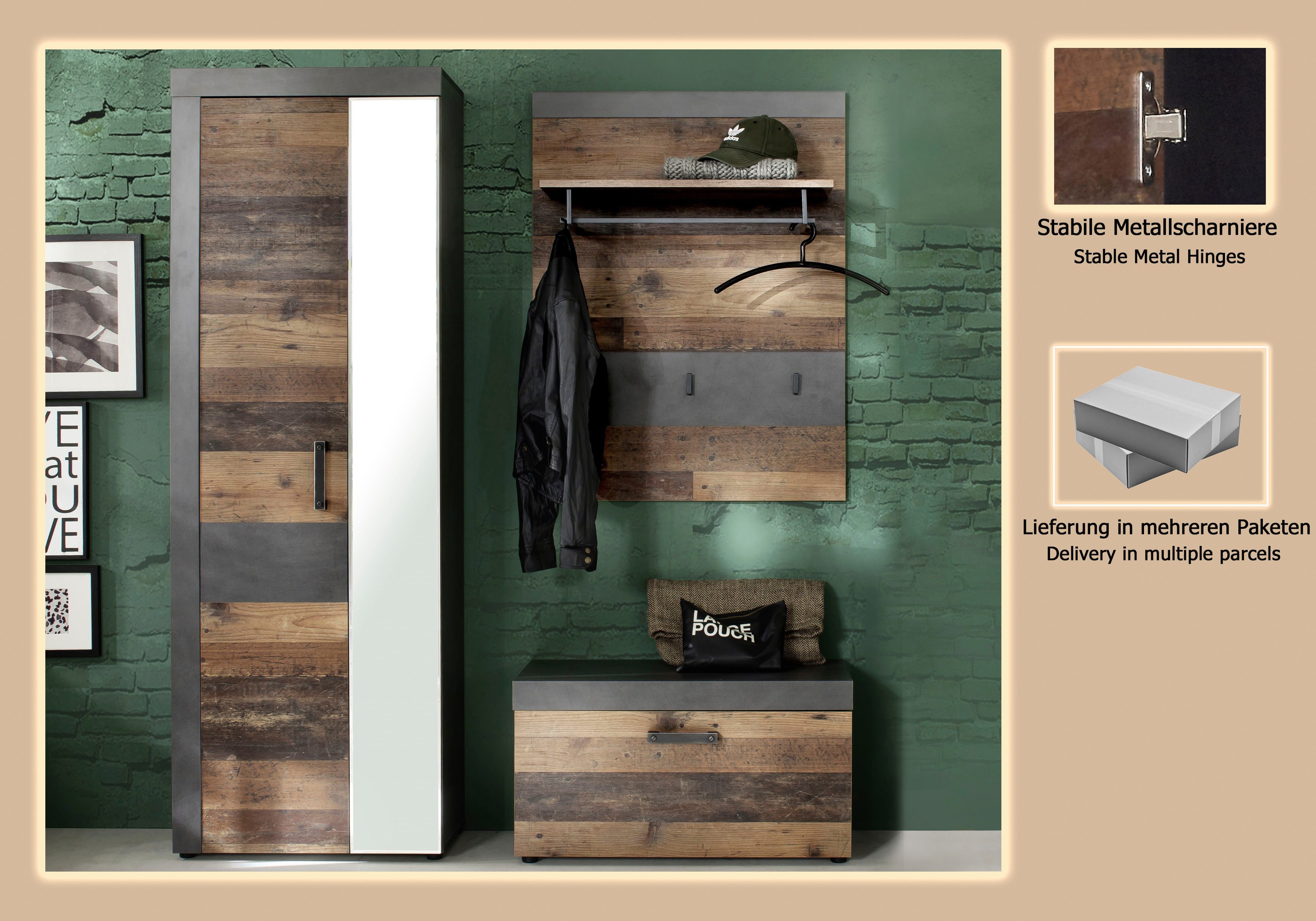 INOSIGN Garderoben-Set Ilana, (Set, 3-St), Garderobenmöbel im modernen Industrial Style mit antikfarbenen Griffen