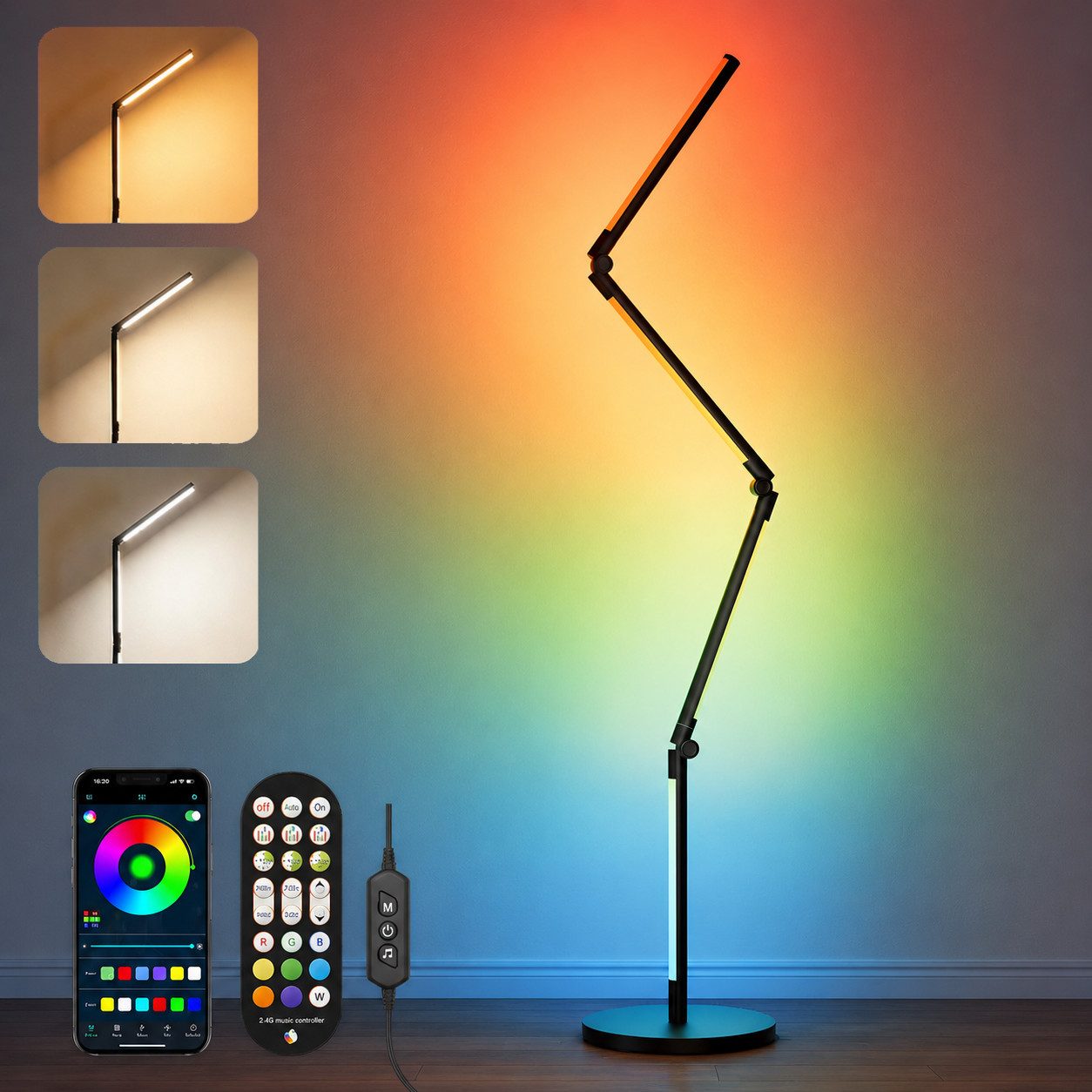 ibettertec LED Stehlampe RGBICWW Stehlampe 145cm Smart LED stehleuchte mit Fernbedienung(APP) , für Wohnzimmer,Schlafzimmer,Party,Spiel,Lesen, Faltbar, WeiBes Licht/Warmes Licht/Naturliches Licht/RGB, Floor Lamp, Musiksynchronisation, DIY-Modus, App/Fernbedienung,Dimmbar,145cm,24W,1000+ Farbmodi,Timer