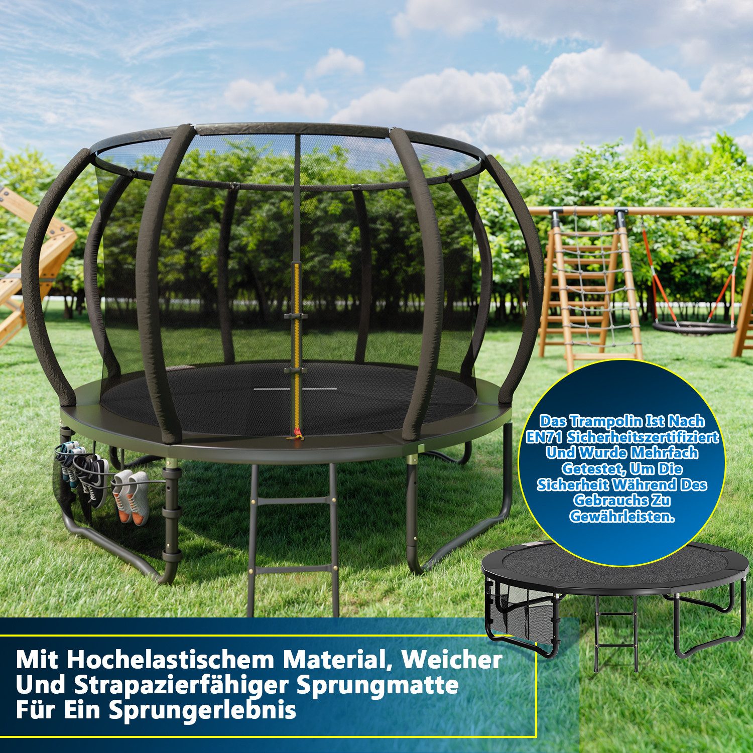 GUNJI Gartentrampolin Gartentrampolin für Kinder 228/305/366/427CM, Tragfähigkeit 150KG, Ø 305 cm, (228 cm, (GS-zertifiziertes Kindertrampolin mit Sicherheitsnetz, Leiter, Schutzmatte, Kürbisdesign)-ostern geschenke)