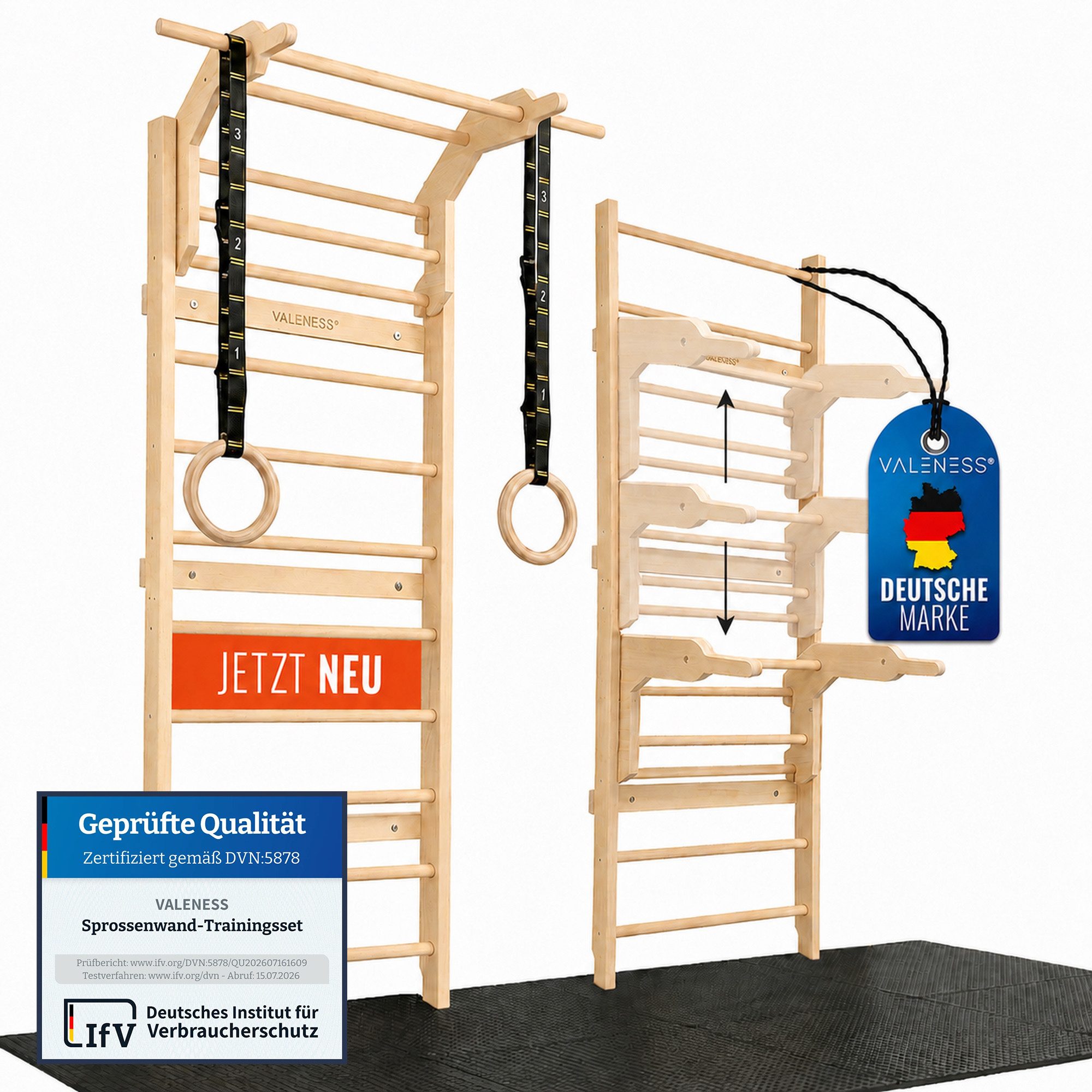 VALENESS Sprossenwand Sprossenwand aus Holz mit Klimmzugstange, Dip-Station & 2 Turnringen