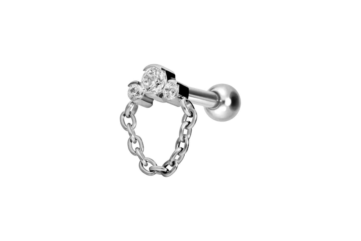 Piercing-Set Titan Ohrpiercing mit Innengewinde 3 EINGEFASSTE KRISTALLE + KETTE