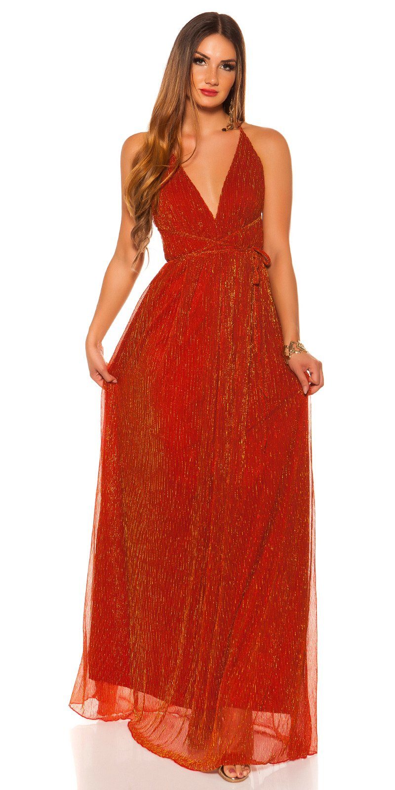 Plissee-Stil glänzendes, mit Plissee glitzerndes Maxikleid Abendkleid rotgold Rücken Koucla offenem im Material,