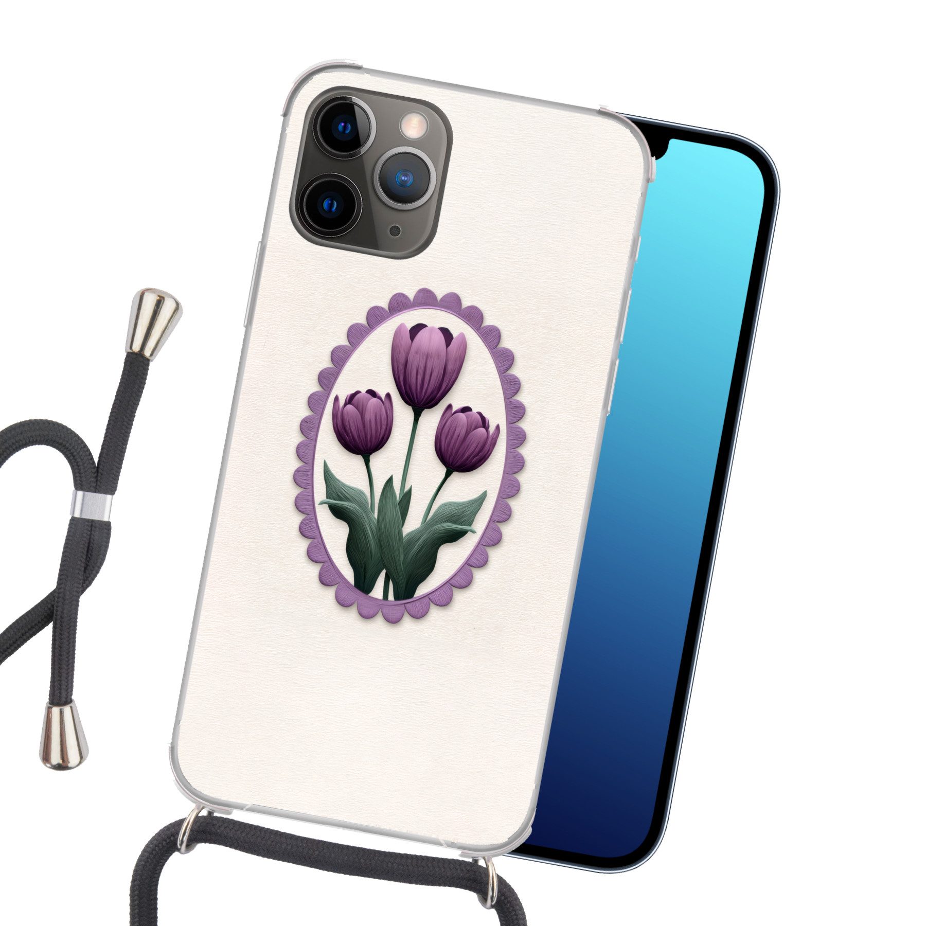 MuchoWow Handyhülle für Apple iPhone 13 Pro Max Tulpen - Lila - Liste - Blätter, Tragbare Handyhüllen mit Kette zum umhängen, Handykette Handyband