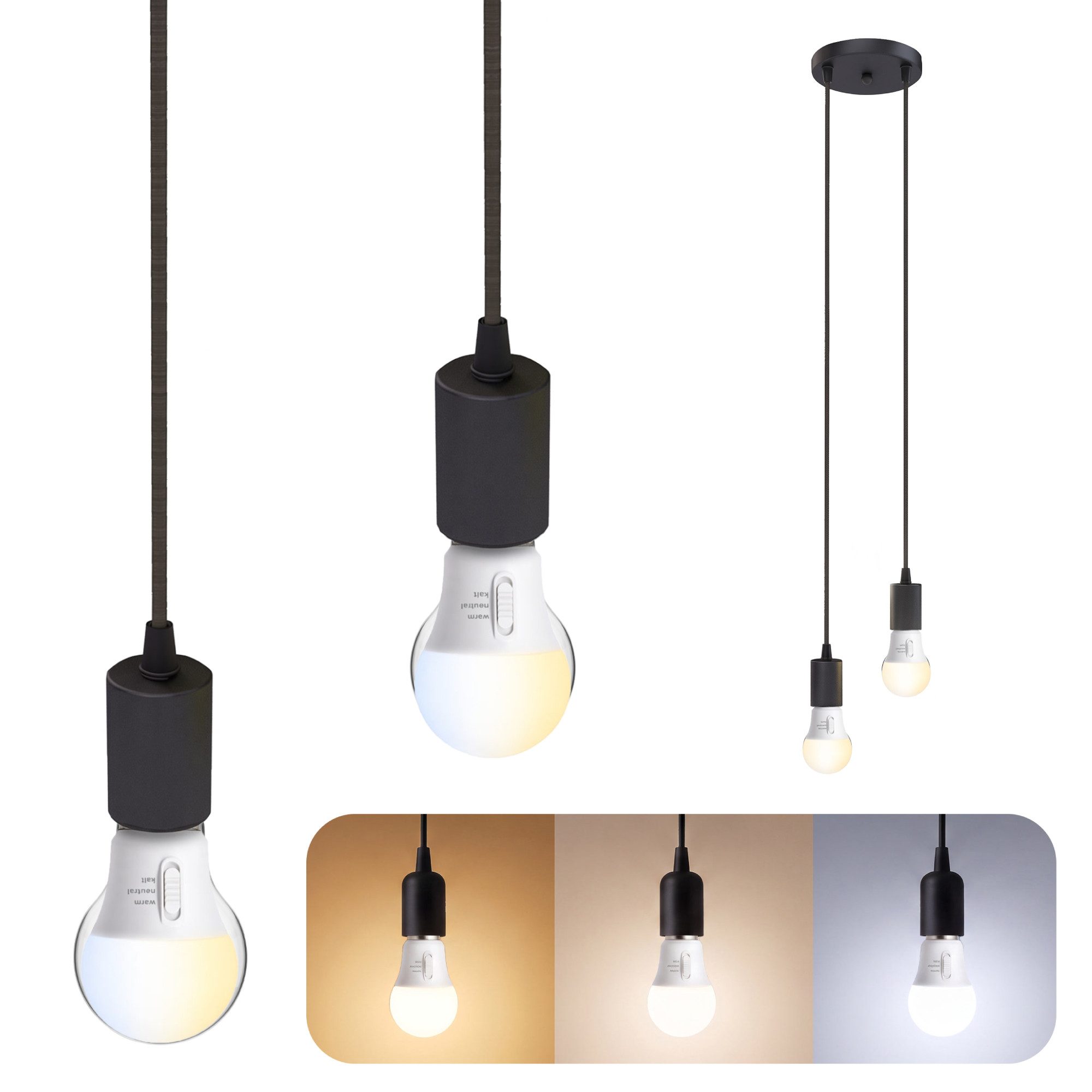 SSC-LUXon LED-Hängeleuchte PARU Hängeleuchte 2 flammig schwarz rund LED LumiFLEX drei Lichtfarben, Neutralweiß, Warmweiß, Tageslichtweiß