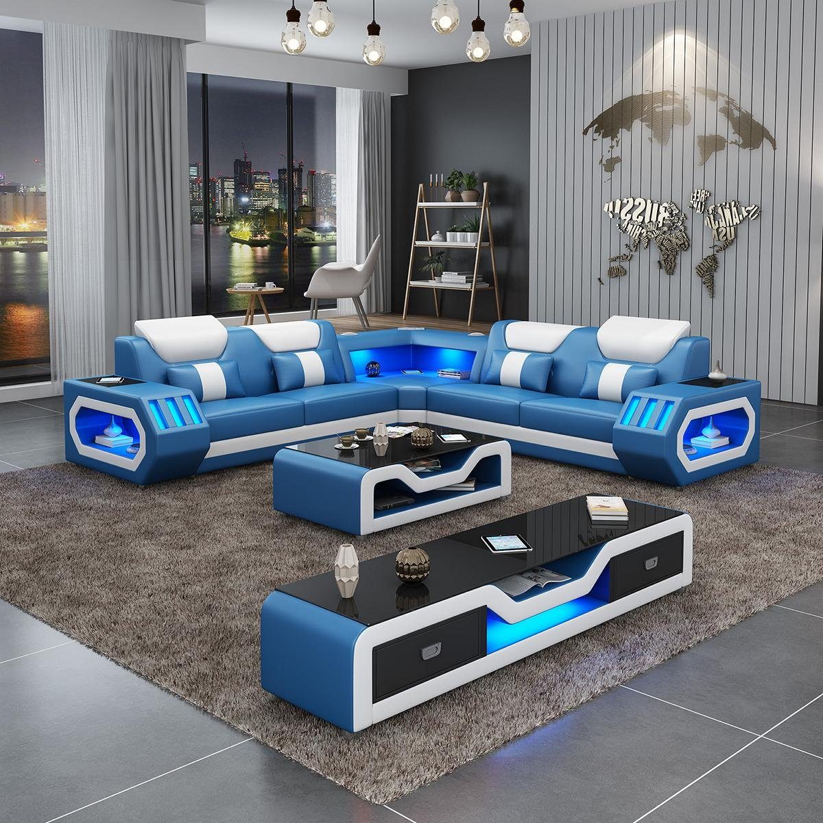 JVmoebel Wohnzimmer-Set, Ecksofa L Form Couchtisch Sofa Couch Design Polster Leder Modern Blau Blau/Weiß