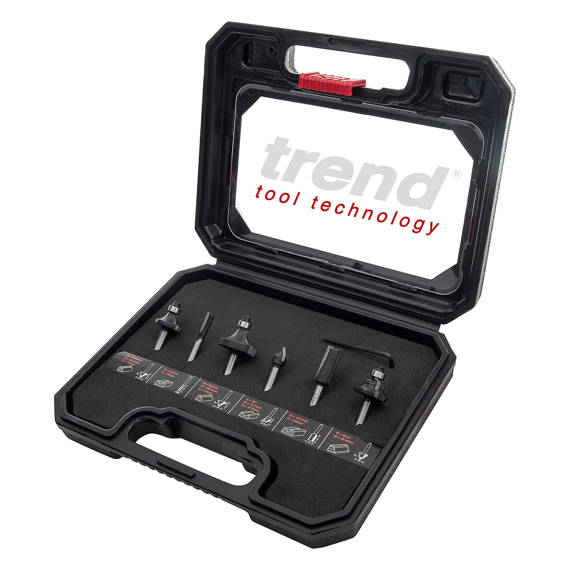 Fräser-Set Trend Fräser-Set 6-teilig HM, 12 mm Schaft – Nutfräser, V-Nut-, Abrund