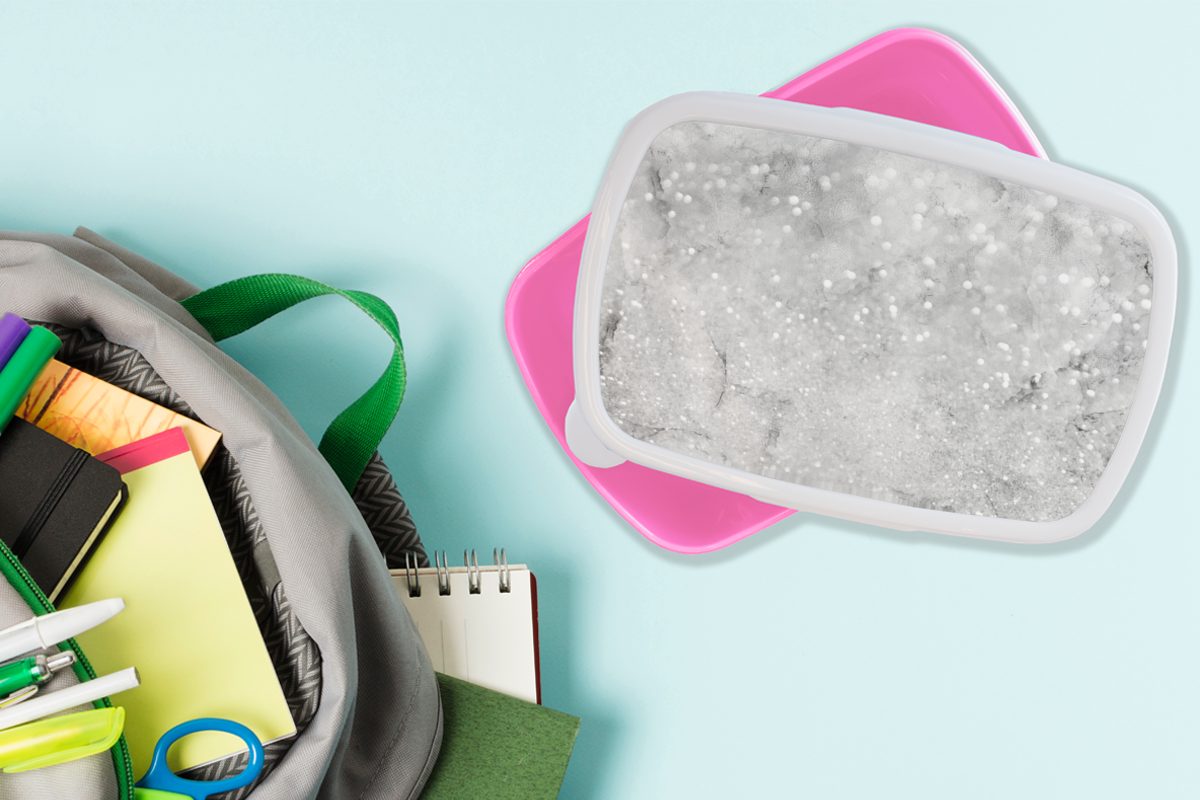 Grau, rosa Weiß für Marmor Brotbox - MuchoWow Kunststoff, - Kunststoff Brotdose - Lunchbox (2-tlg), Glitter Kinder, Snackbox, Erwachsene, Mädchen,