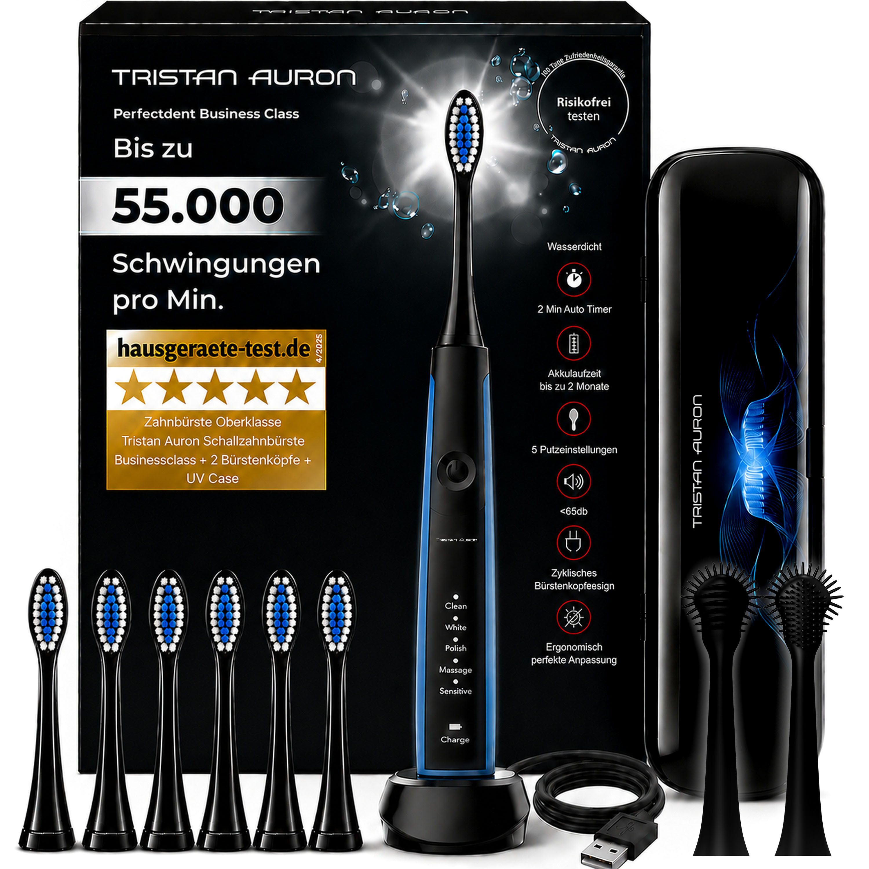 Tristan Auron Schallzahnbürste Elektrische Zahnbürste UV-Etui 55 000 VPM 2 Min Timer 60 Tage Akku, Aufsteckbürsten: 6 St., 6x Bürstenköpfe, 1x elektrische Zahnbürste, 1x UV-Case, 1xLadestation, UV Reinigungsgerät, 5 Modis, extrem leise <65db, IPX7 Wasserdicht