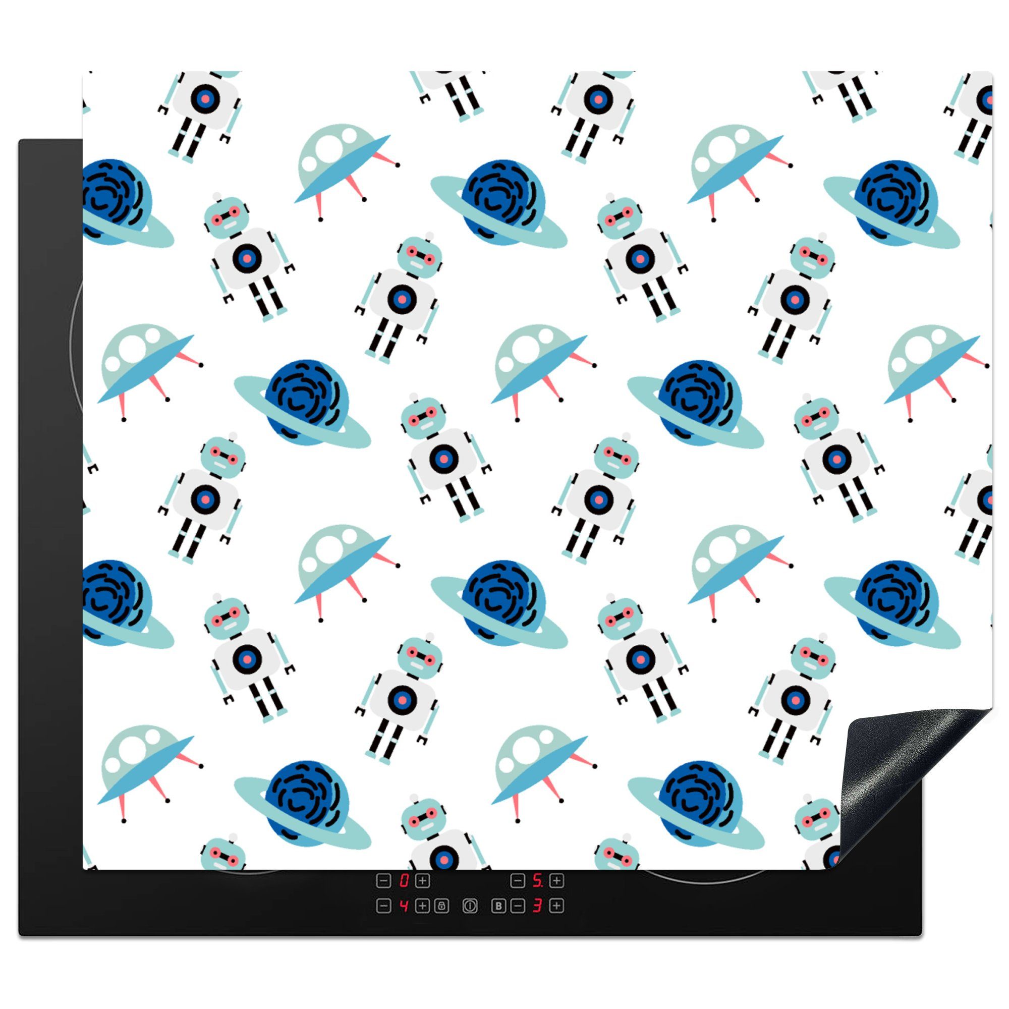MuchoWow Herdblende-/Abdeckplatte Weltraum - Roboter - Planeten - Muster, Vinyl, (1 tlg), 60x52 cm, Mobile Arbeitsfläche nutzbar, Ceranfeldabdeckung