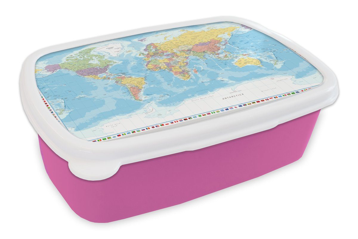 MuchoWow Lunchbox Weltkarte - Flagge - Politik, Kunststoff, (2-tlg), Brotbox für Erwachsene, Brotdose Kinder, Snackbox, Mädchen, Kunststoff rosa