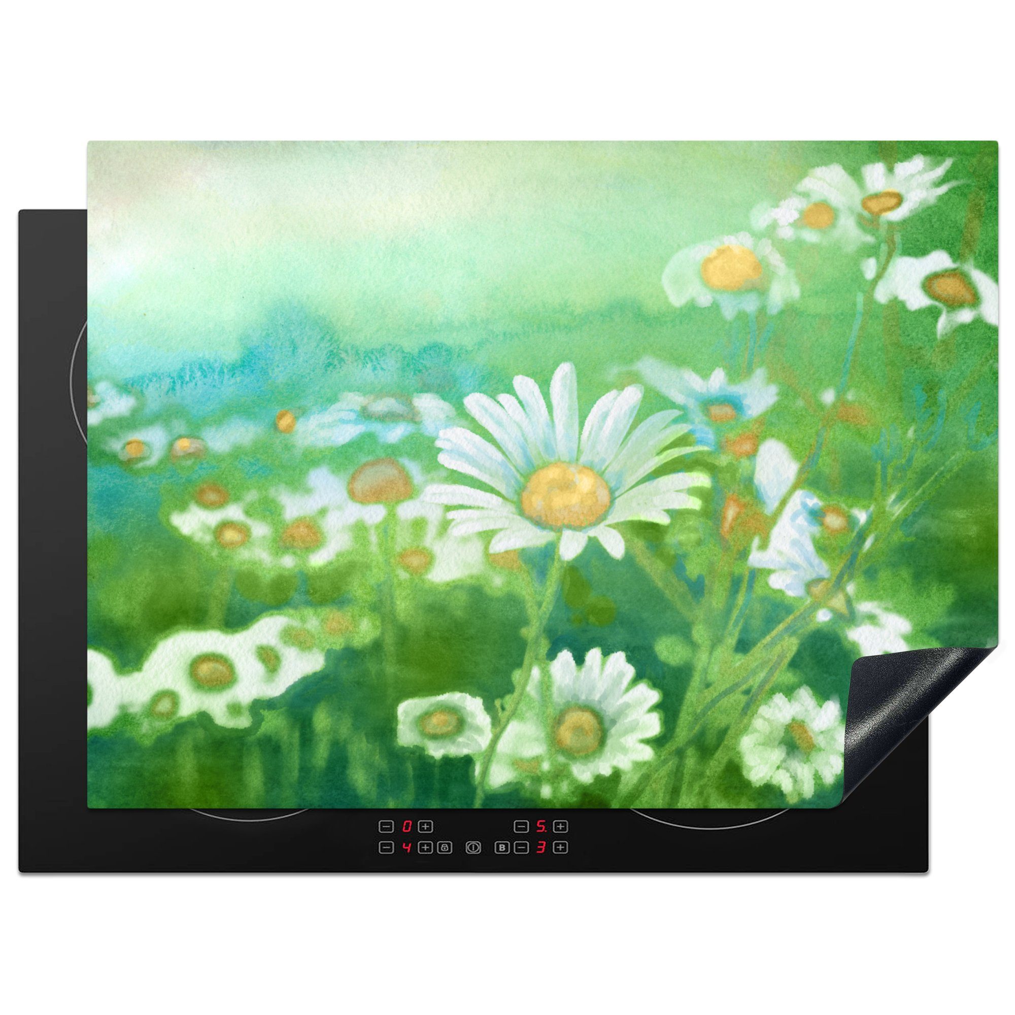 MuchoWow Herdblende-/Abdeckplatte Blumen - Aquarell - Gänseblümchen, Vinyl, (1 tlg), 70x52 cm, Mobile Arbeitsfläche nutzbar, Ceranfeldabdeckung