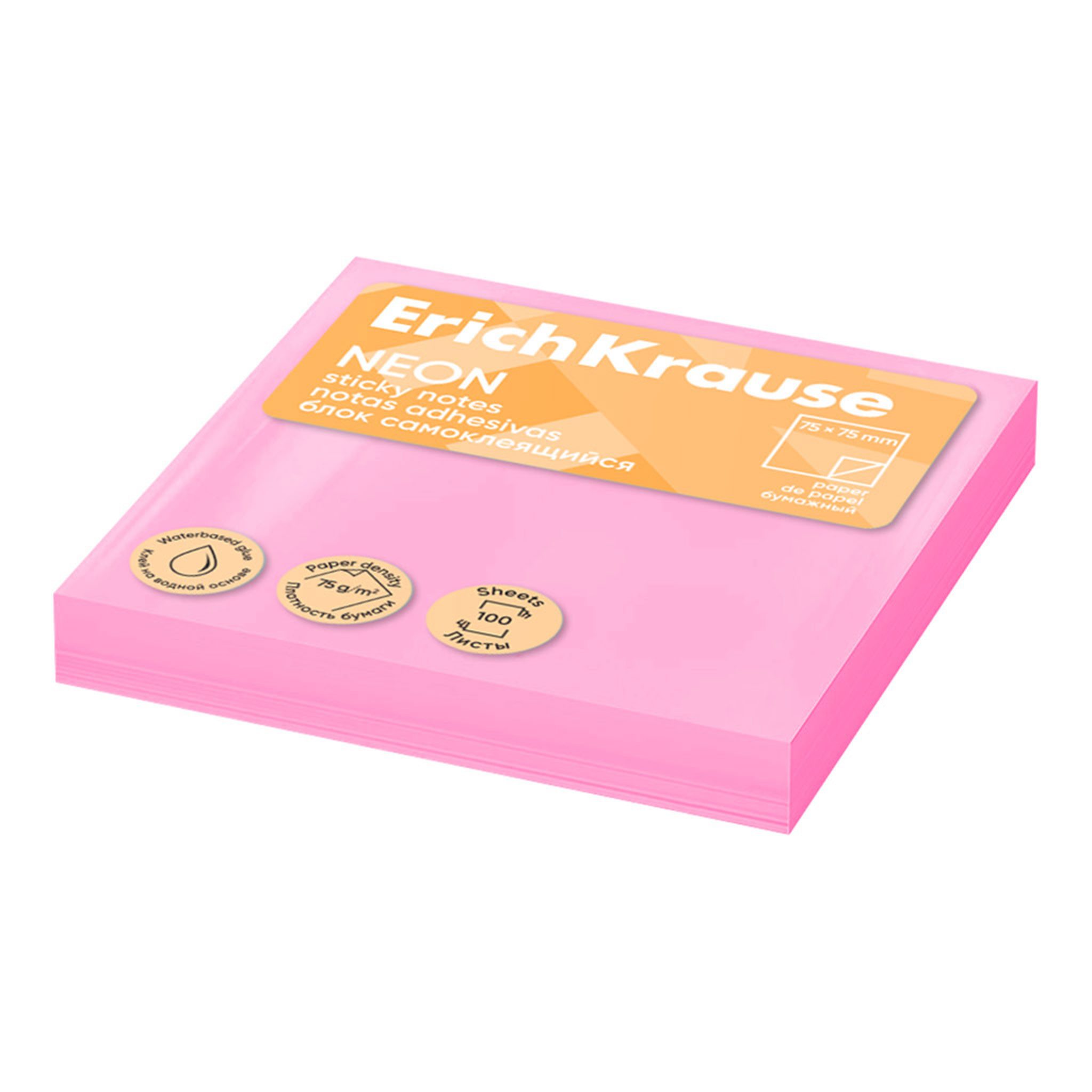Erich Krause Haftnotizblock, Haftnotizen 75x75mm NEON wiederablösbar 100 Blatt Pink