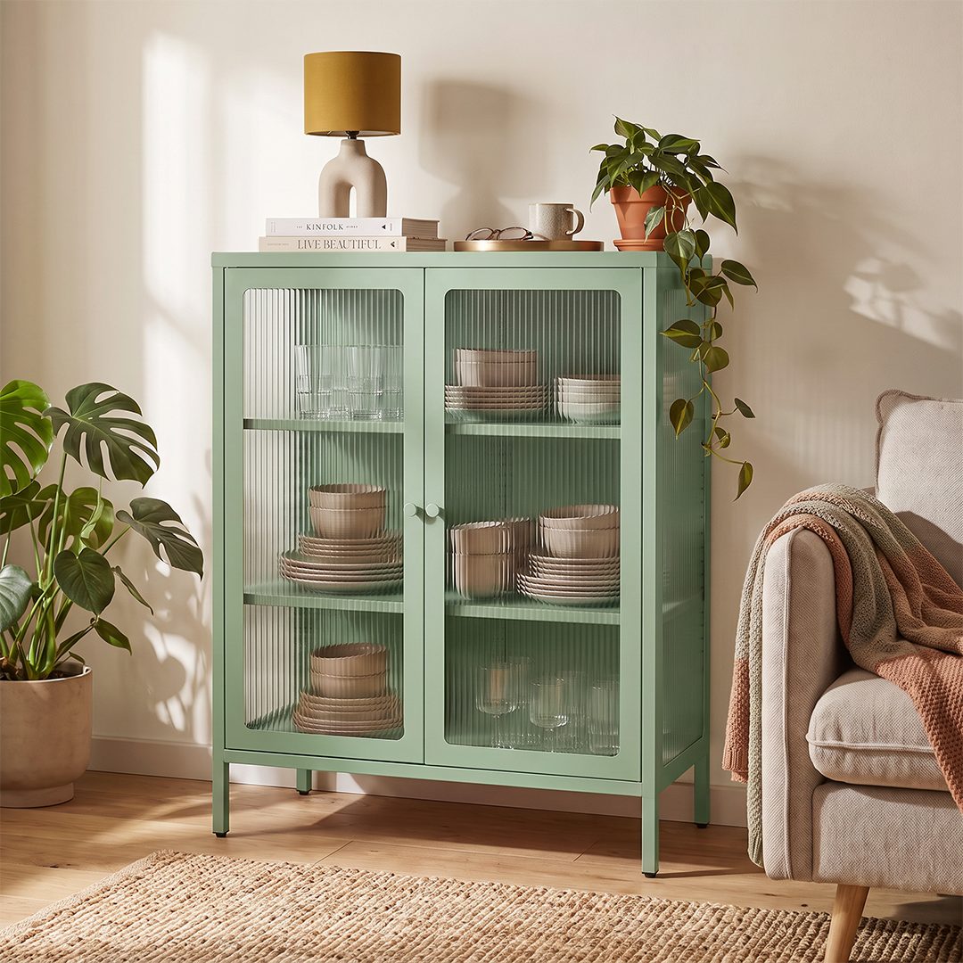 skølm Highboard Norns Vitrinenschrank mit Glastüren (mintgrün, bis 80 kg belastbar, kratzfest), Metallkommode mit verstellbaren Fächern, Sideboard 100x38x80 cm