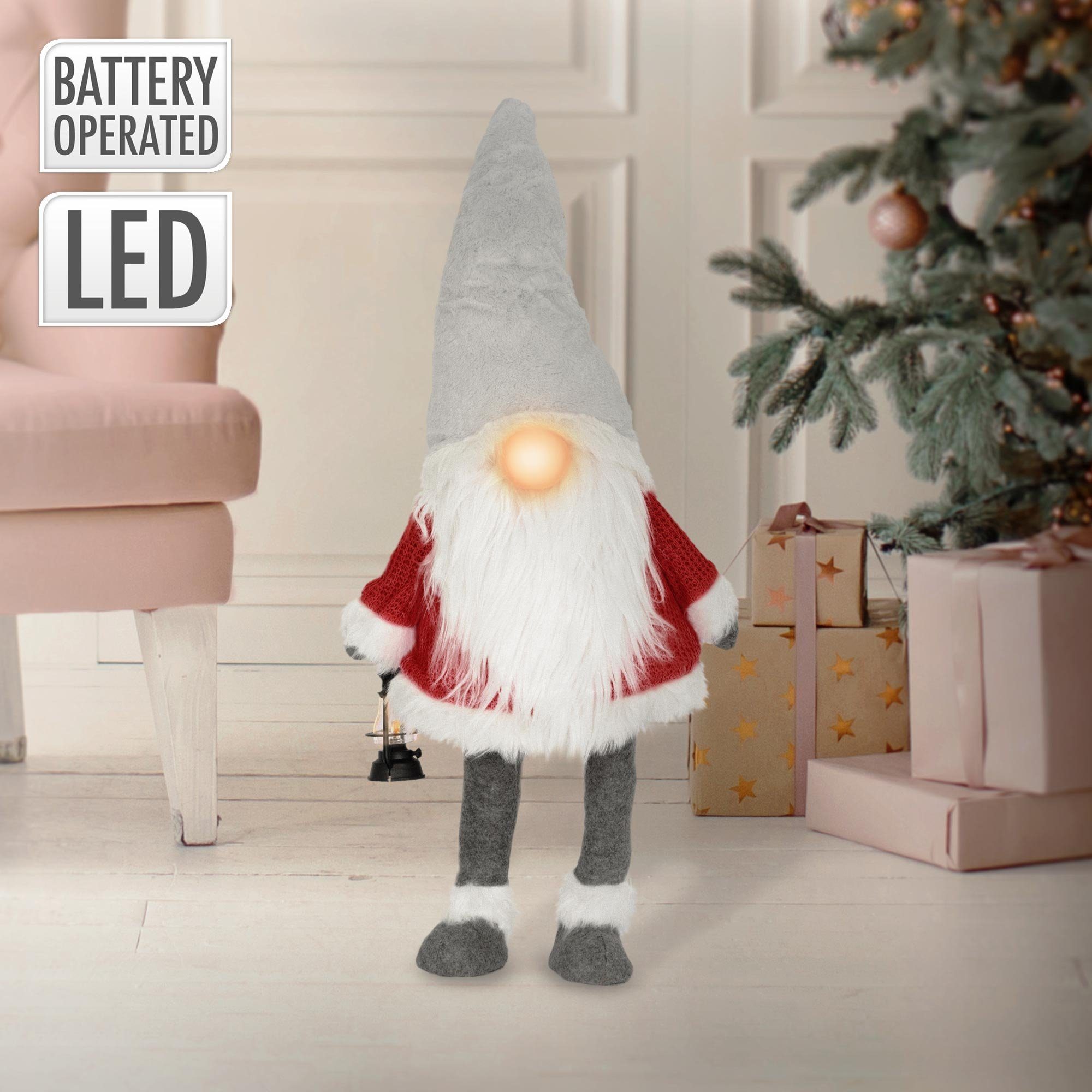 ECD Germany Weihnachtsfigur LED Wichtel-Figur Weihnachtsdeko  Weihnachtswichtel Weihnachtszwerg, warmweiß beleuchtete Laterne und Nase  80cm Rot-Grau stehend