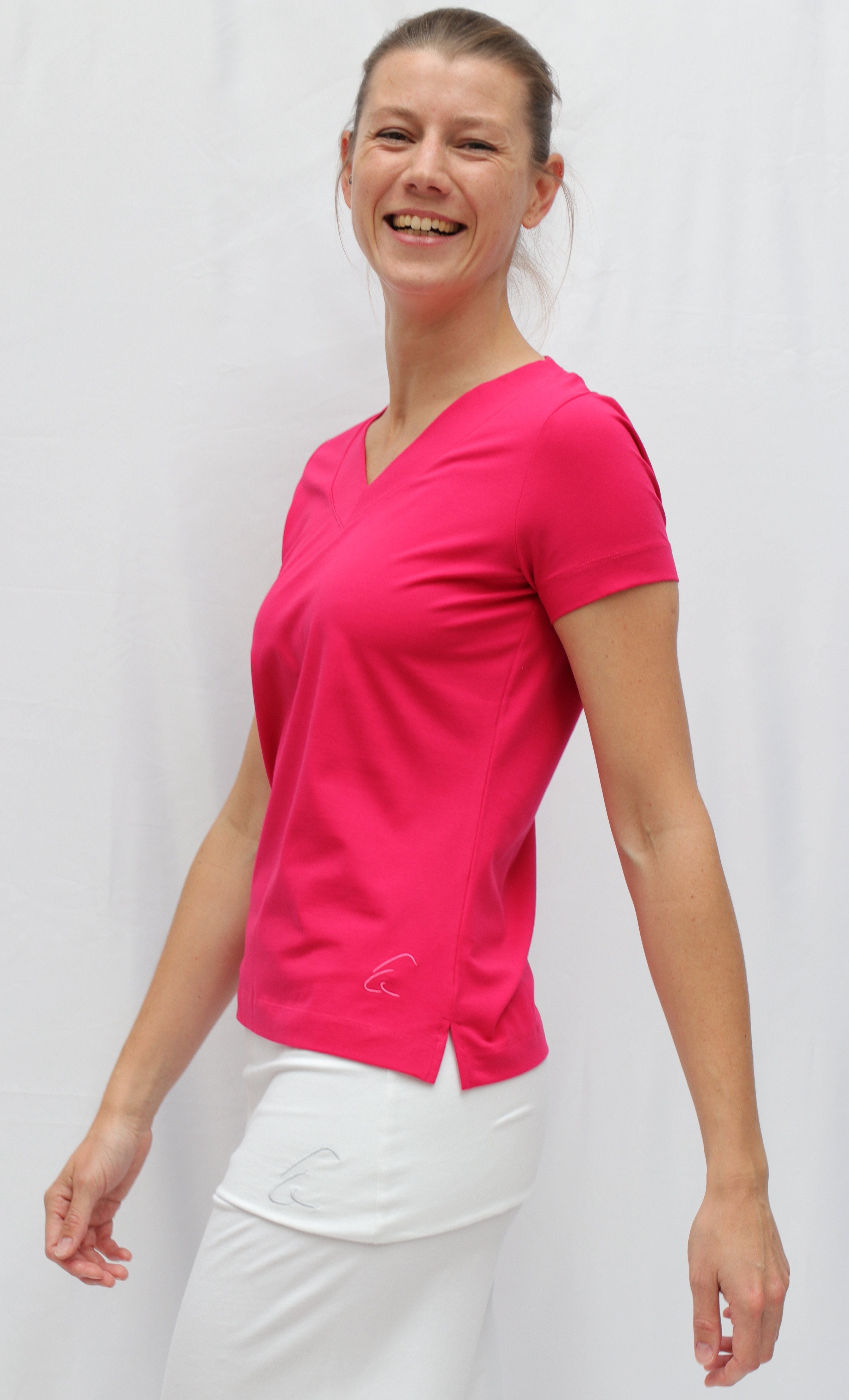 ESPARTO Farishta in unten geschlitzt V-Shirt kurzen Yogashirt Bio-Baumwolle mit Ärmeln, V-Shirt Raspberry Yoga