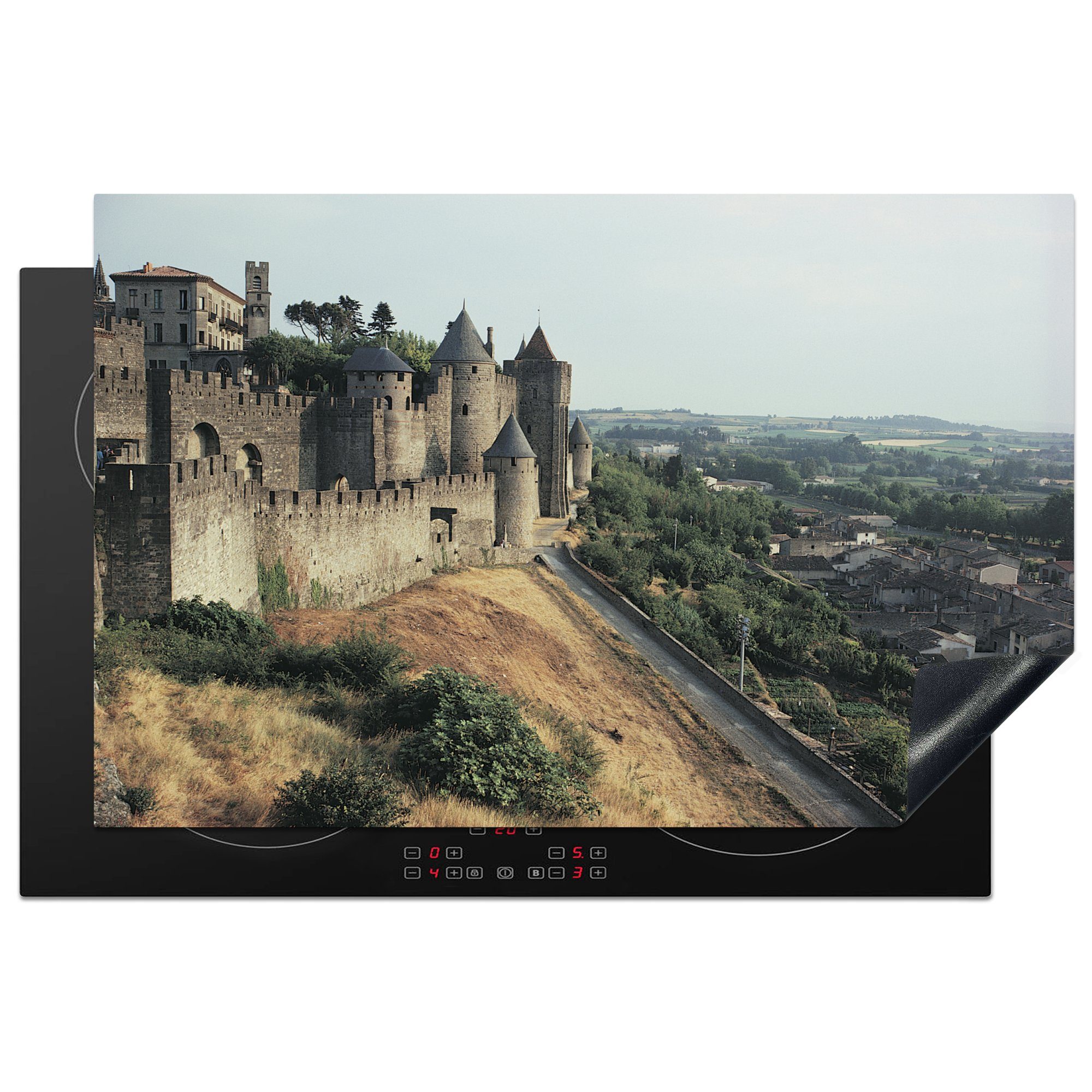 MuchoWow Herdblende-/Abdeckplatte Carcassonne - Burg - Bäume, Vinyl, (1 tlg), 81x52 cm, Induktionskochfeld Schutz für die küche, Ceranfeldabdeckung