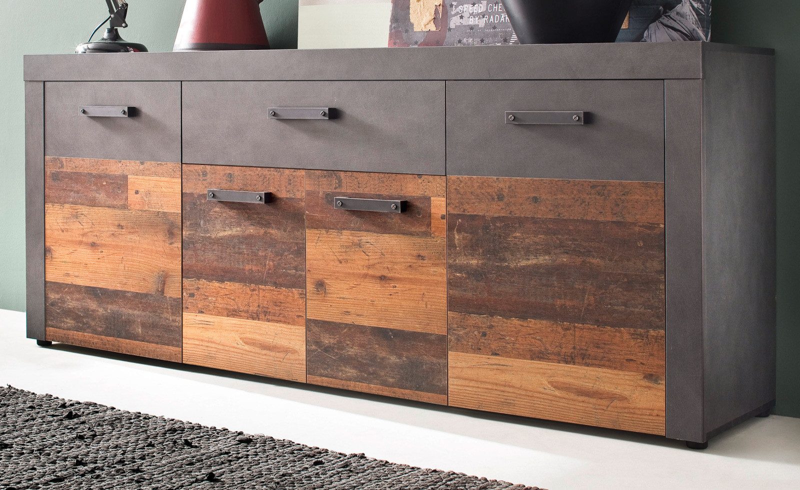 trendteam Sideboard Indy (in Used Wood und grau, 4-türig, 178 x 77 cm), Altholz Look