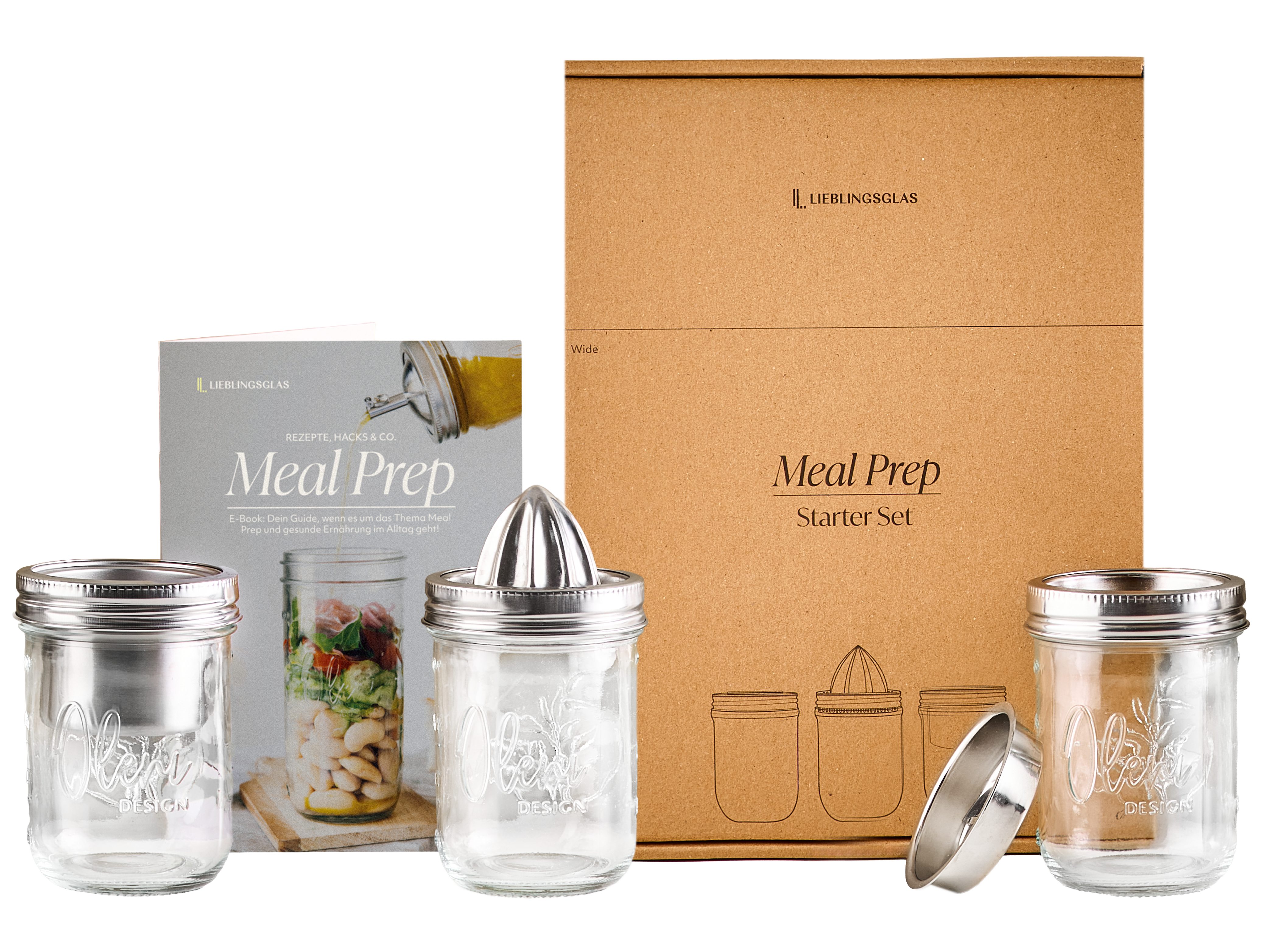 Lieblingsglas Lunchbox Meal Prep Starter Set, Glas, (Meal-Prep-Starter-Set, Starter-Set für Meal Prep mit 3 Gläsern und Edelstahlzubehör), 3-in-1-Küchentool-Set mit Rezept-Booklet