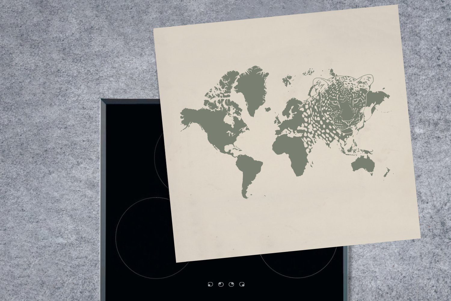 MuchoWow Herdblende-/Abdeckplatte Weltkarte - Grau Arbeitsplatte cm, Ceranfeldabdeckung, (1 78x78 für küche - Vinyl, tlg), Panther