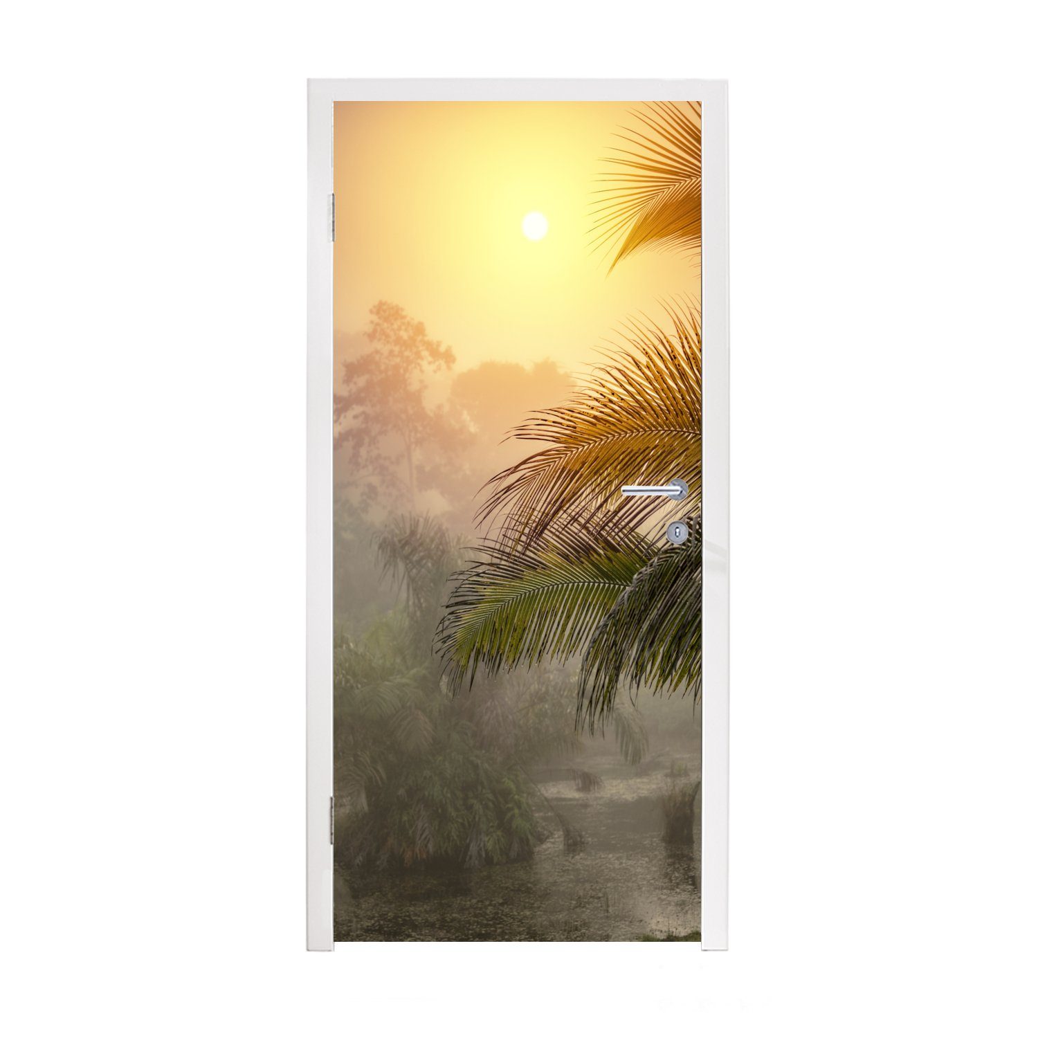 MuchoWow Türtapete Landschaft mit Nebel und Palmen, Matt, bedruckt, (1 St), Fototapete für Tür, Türaufkleber, 75x205 cm