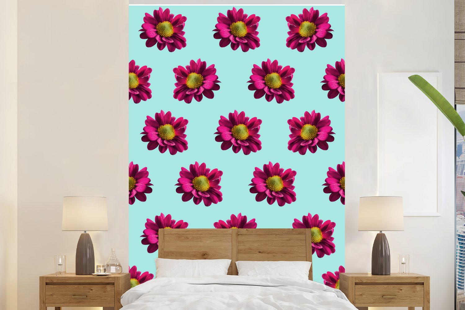 MuchoWow Fototapete Blumen - Lila - Muster, Matt, bedruckt, (3 St), Montagefertig Vinyl Tapete für Wohnzimmer, Wandtapete