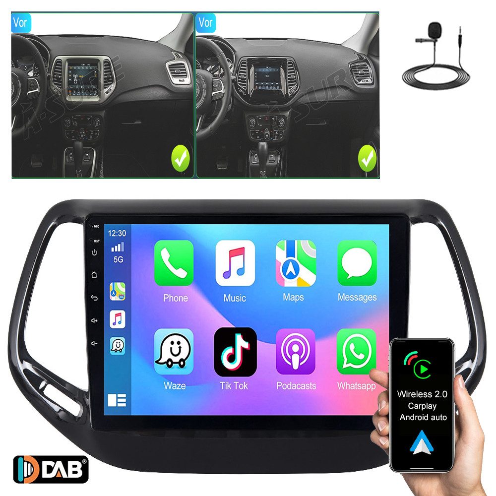A-Sure 10.1 Zoll Für Jeep Compass 2017-2020 Carplay RDS DSP WIFI Android 15 Autoradio (Digitalradio (DAB), Apple Carplay, UI Theme, Siri, Mirrorlink, Google play, Netflix, Youtube, Calendar, TikTok)