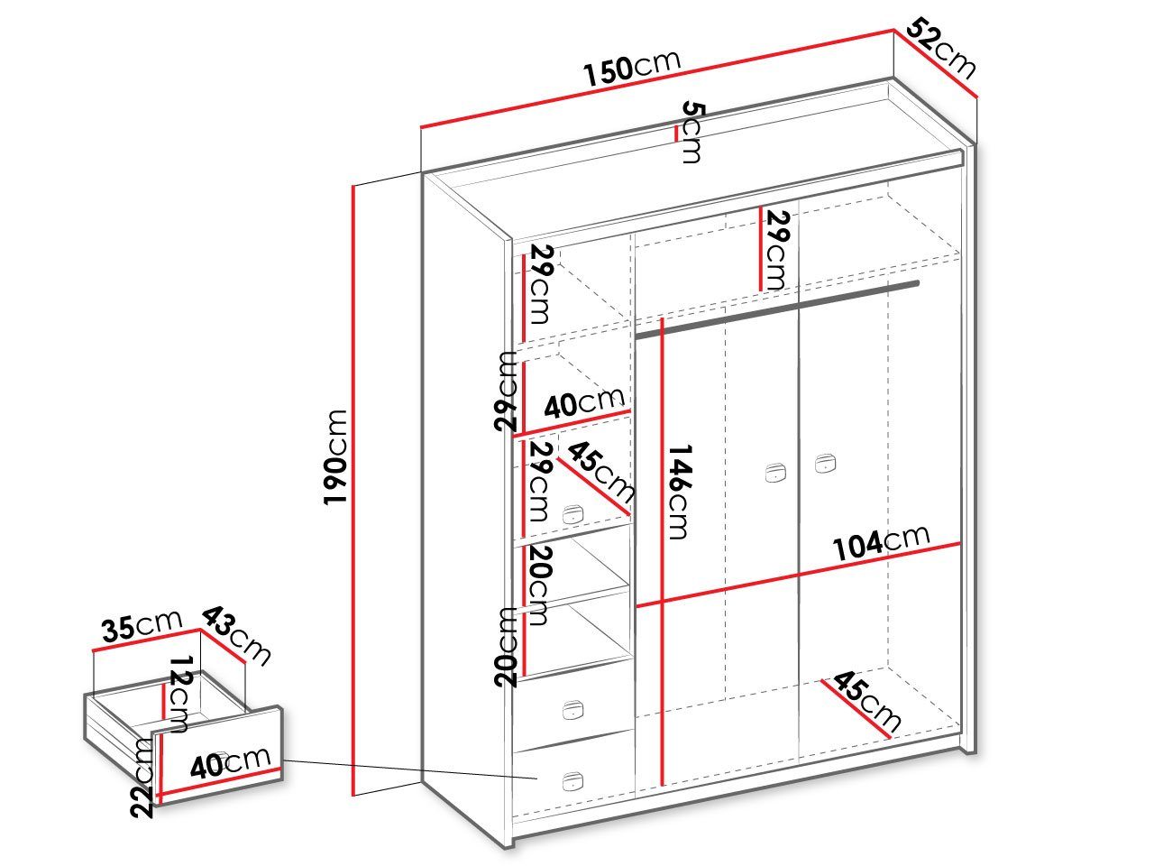 Mirjan24 Kleiderschrank Fargo 3D2S FG01 (mit mit Schubladen) Drehtüren Kleiderstange, und zwei Metallgriffe drei