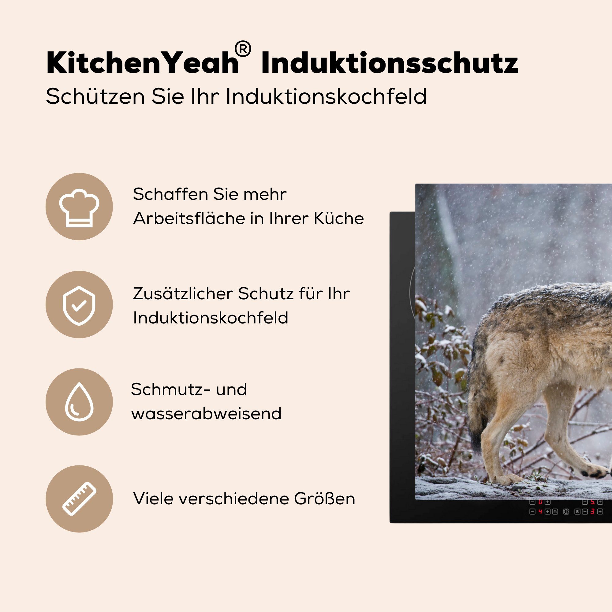 81x52 Winter Induktionskochfeld für Schnee, tlg), küche, (1 die Herdblende-/Abdeckplatte MuchoWow - Wolf Ceranfeldabdeckung - Schutz cm, Vinyl,