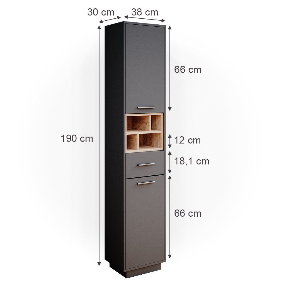 Badschrank Badezimmerschrank BEATRICE Eiche Anthrazit Grau | Hochschrank Anthrazit Vicco Sonoma