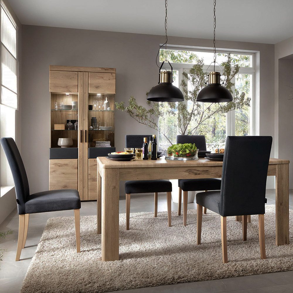 Lomadox Esszimmer-Set GRAHAM-129, (Spar-Set, 2-St., Vitrinenschrank Esstisch), Eiche Dekor mit Grau Softclose inkl. Beleuchtung Tisch ausziehbar