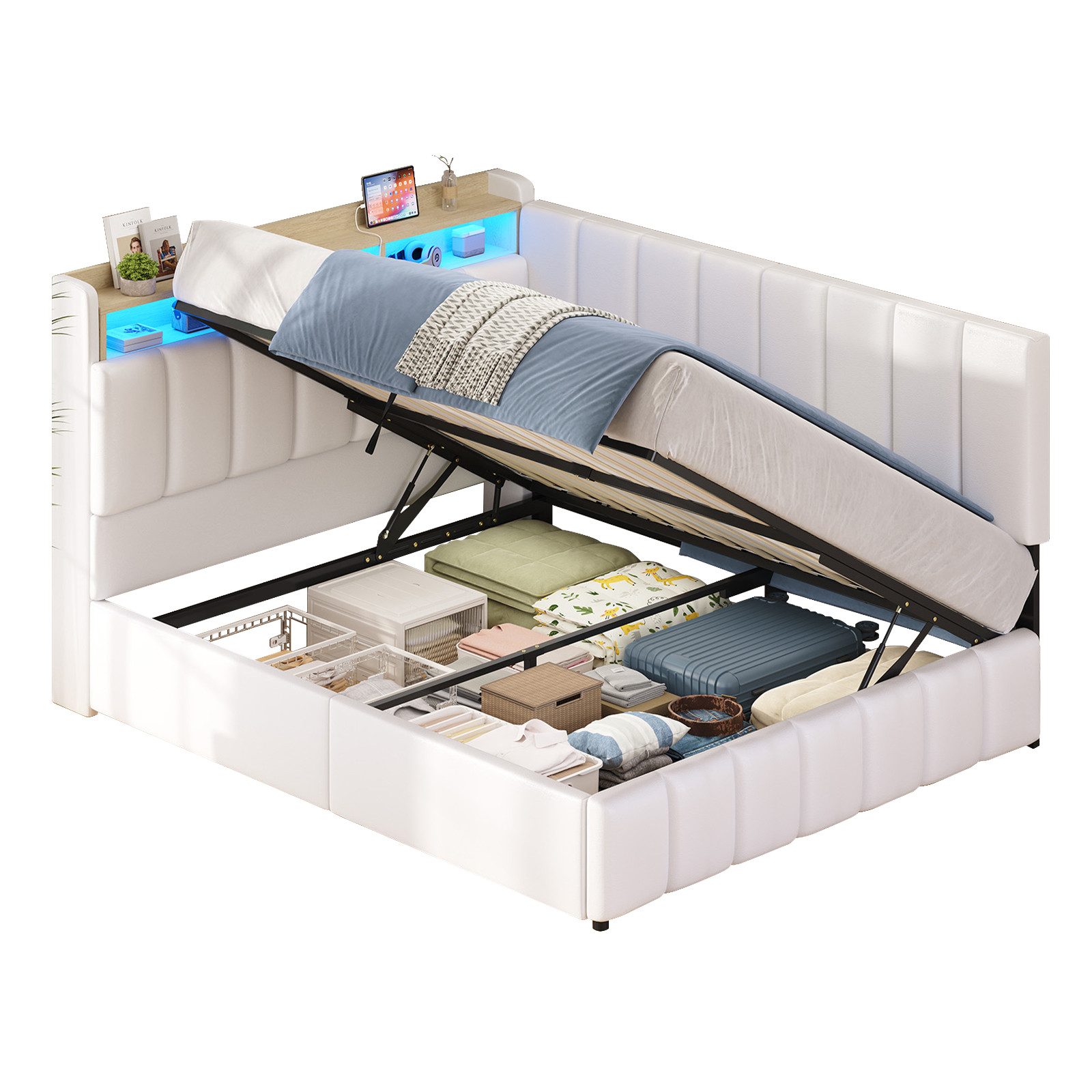 KIMENICH Jugendbett Polsterbett mit LED, Ladestation & Bettkas, Daybett, Schlafsofa (Ohne Matratze), Tagesbett für Schlaf- und Gästezimmer in 140 x 190 cm