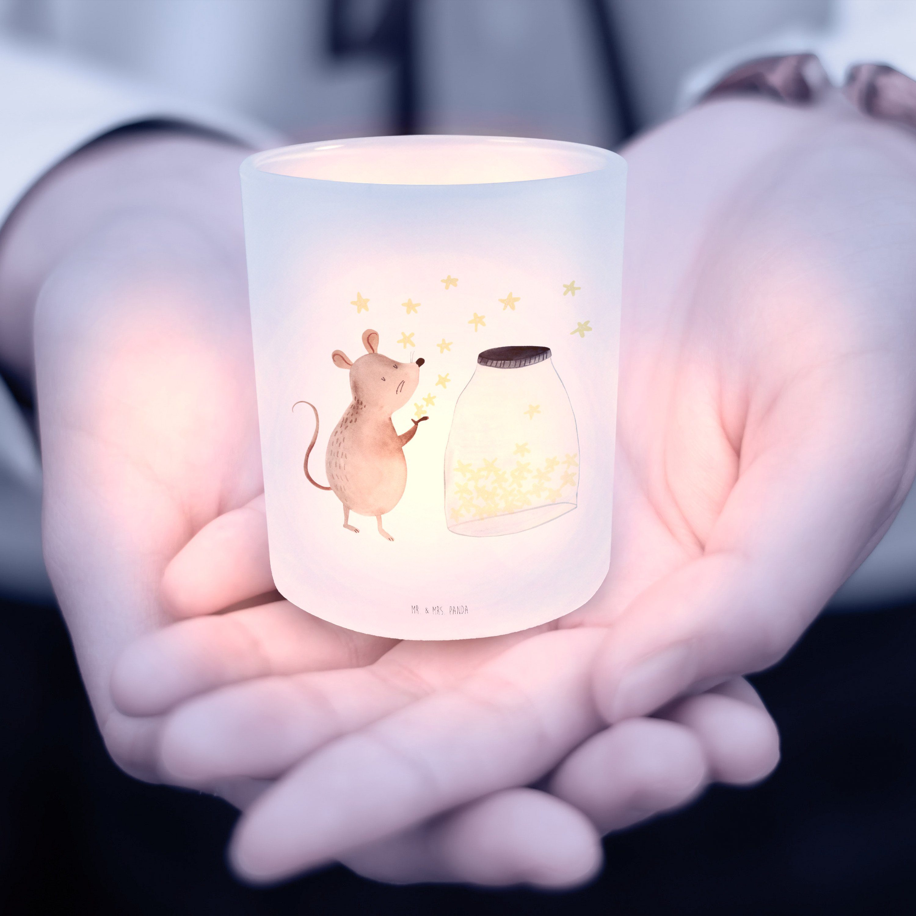 Transparent (1 & Geschenk, Maus St) Kerzenlicht, - Windlicht Mr. Teelichtgla Tiere, Sterne - Panda Mrs.