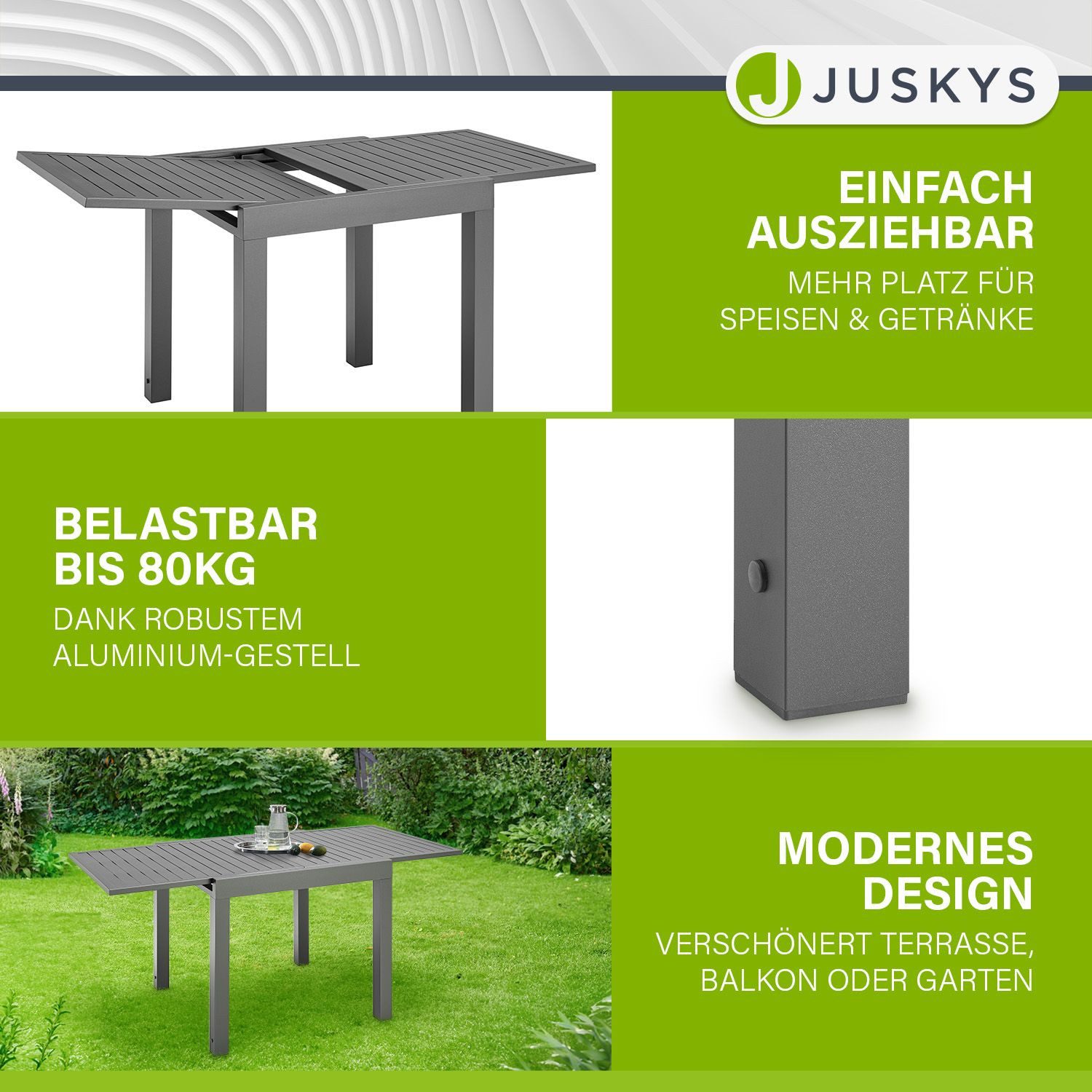 Juskys Gartentisch Laki, 70x70 cm, Aluminium Esstisch zum Ausziehen, Balkonmöbel, Gartenmöbel