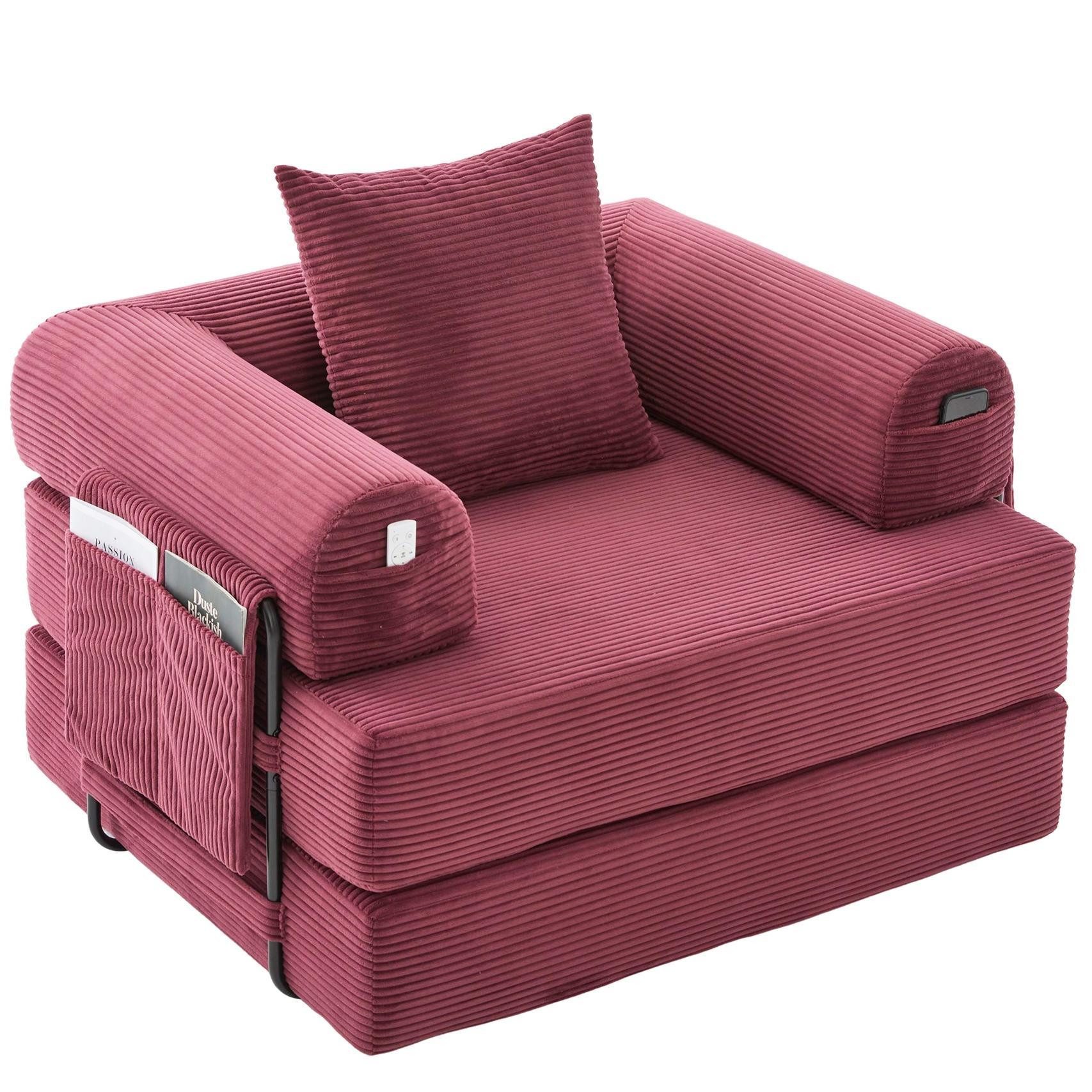 LVHOM Loungesofa faltbar mit Schlaffunktion, Stabil-/abnehmbarer Außenrahmen aus Metall, frei kombinierbar, Liege- oder Klappsofa, 3 Kissen, Hochelastischer Schaumstoff, weicher Cordstoff, Praktische Seitentaschen zur Aufbewahrung, Ideal für flexible Raumgestaltung in Wohn- oder Kleinwohnungen, Tragfähigkeit 300kg, als Gästebett nutzbar,Arbeitszimmer/Wohnzimmer