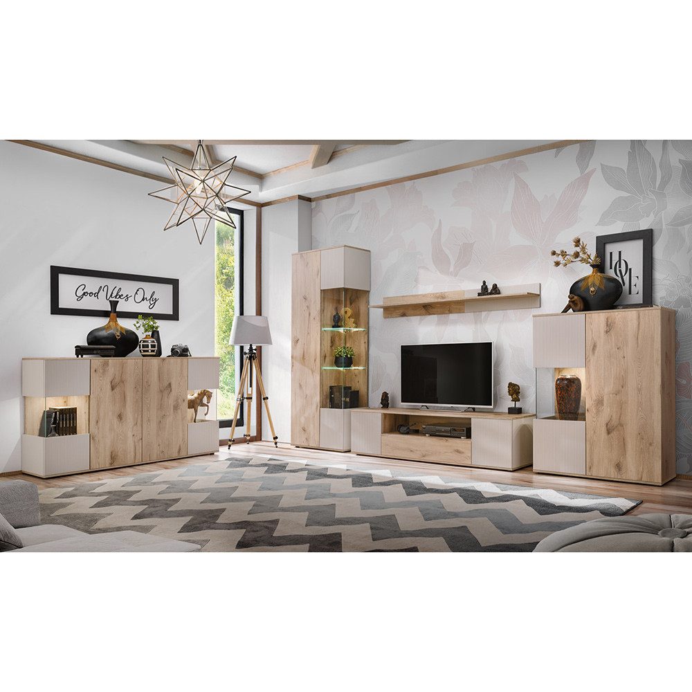 Lomadox Wohnzimmer-Set CARRICA-164, (Mega-Spar-Set, 5-St., Standvitrine Lowboard Wandboard Highboard Sideboard), in Eiche mit Kaschmir, Rillenfront, LED-Beleuchtung