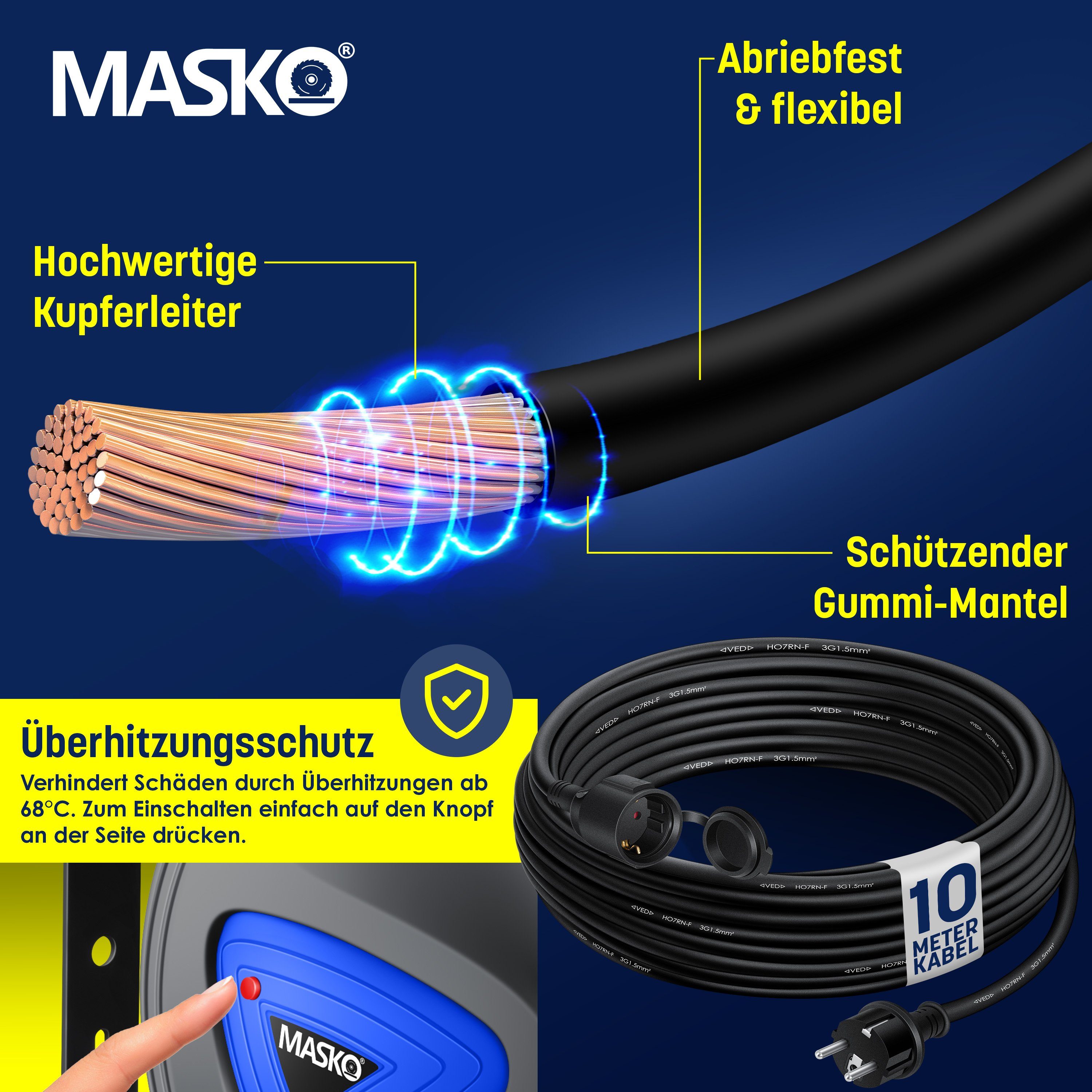 cm), mit Verlängerungskabel blau 3-Fach Automatik Verlängerungskabel, (10 MASKO Kabeltrommel Anschluss