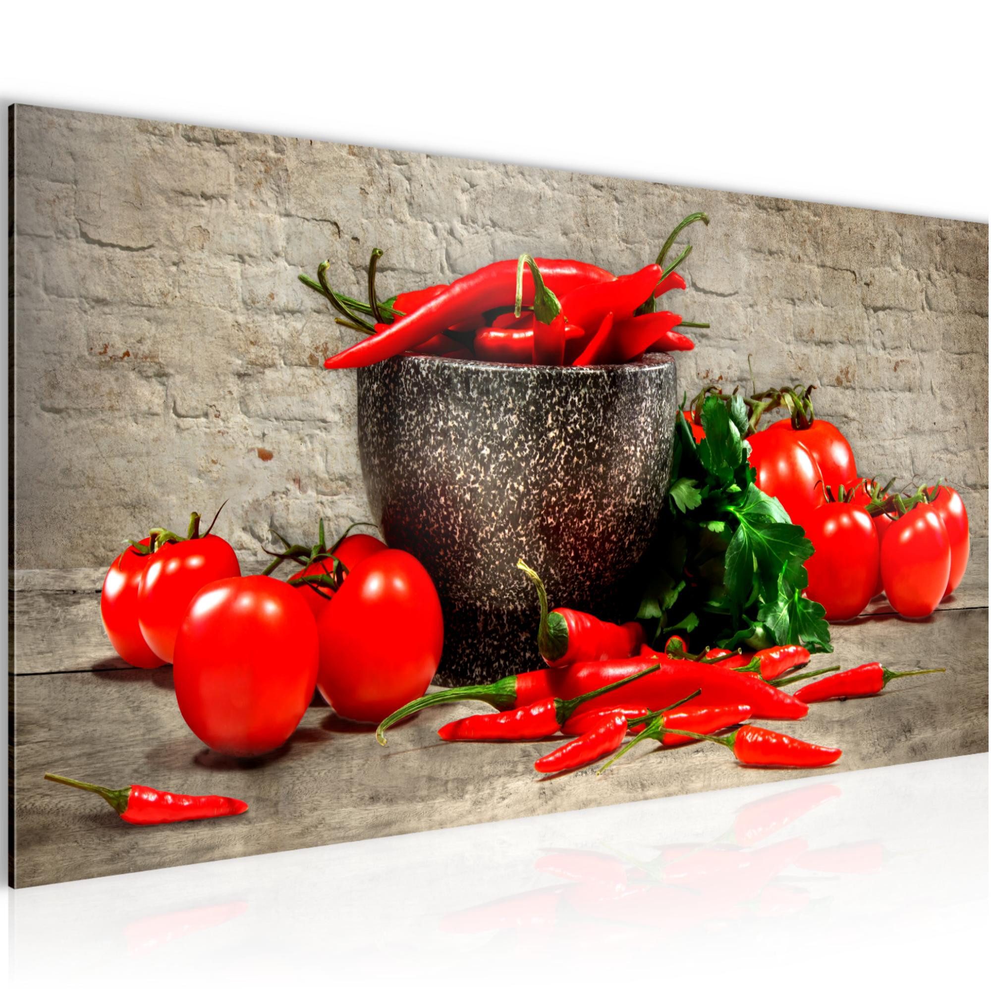Runa Art Wandbild Küche Gemüse Modern auf Vlies Leinwand Ziegel Esszimmer Rot 0058, 100L x 40B cm
