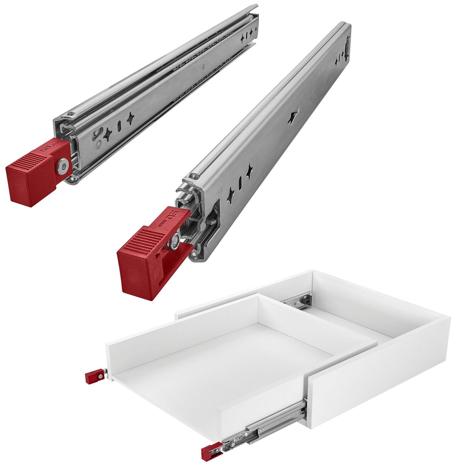 SO-TECH® Auszug Schwerlastauszug 100 kg mit Lock-in/out Einrastfunktion (2 St), roter Hebel, VarioSlide KV2-100-H53-L300-EH 300 mm