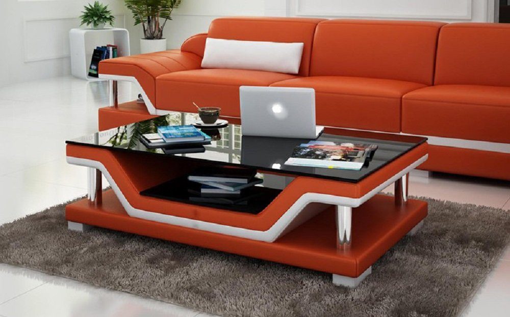 JVmoebel Couchtisch Glastisch Tische Couchtisch Leder Design Tisch Sofa Beistell Couch Orange/Weiß