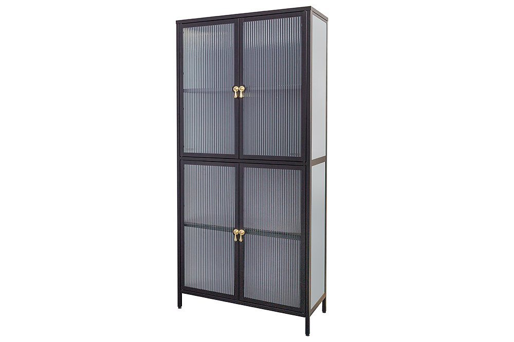 riess-ambiente Vitrine AMSTERDAM 180cm schwarz/gold - Metall, Riffelglas, 4 Türen & 4 Fächer (Einzelartikel, 1-St) mit verstellbaren Böden & Stauraum – ideal für Wohnzimmer & Esszimmer