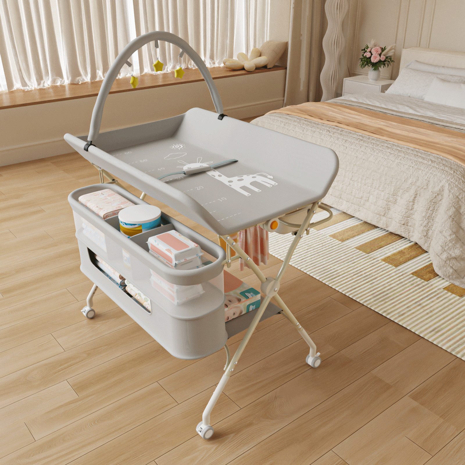 JEOBEST Wickeltisch Mobiler Baby Wickelkombi, 3 in 1 Wickeltisch Klappbar, (1-tlg) mit Sicherheitsgurt Aufbewahrungskorb und Kleiderstange – Bild 2 von 5