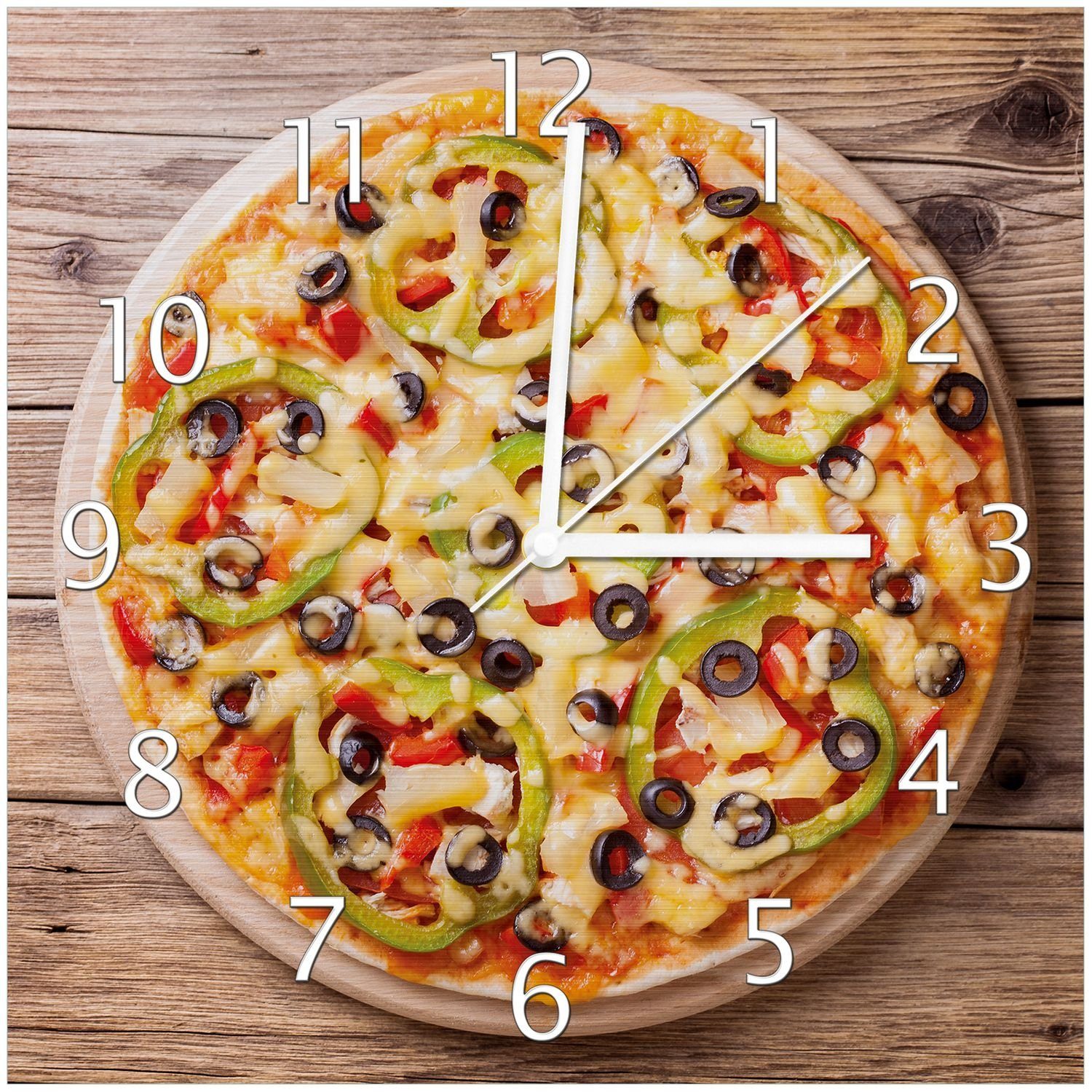(Aluverbunduhr) Oliven. Italienische Peperoni, Wallario Paprika mit Pizza Käse und Wanduhr