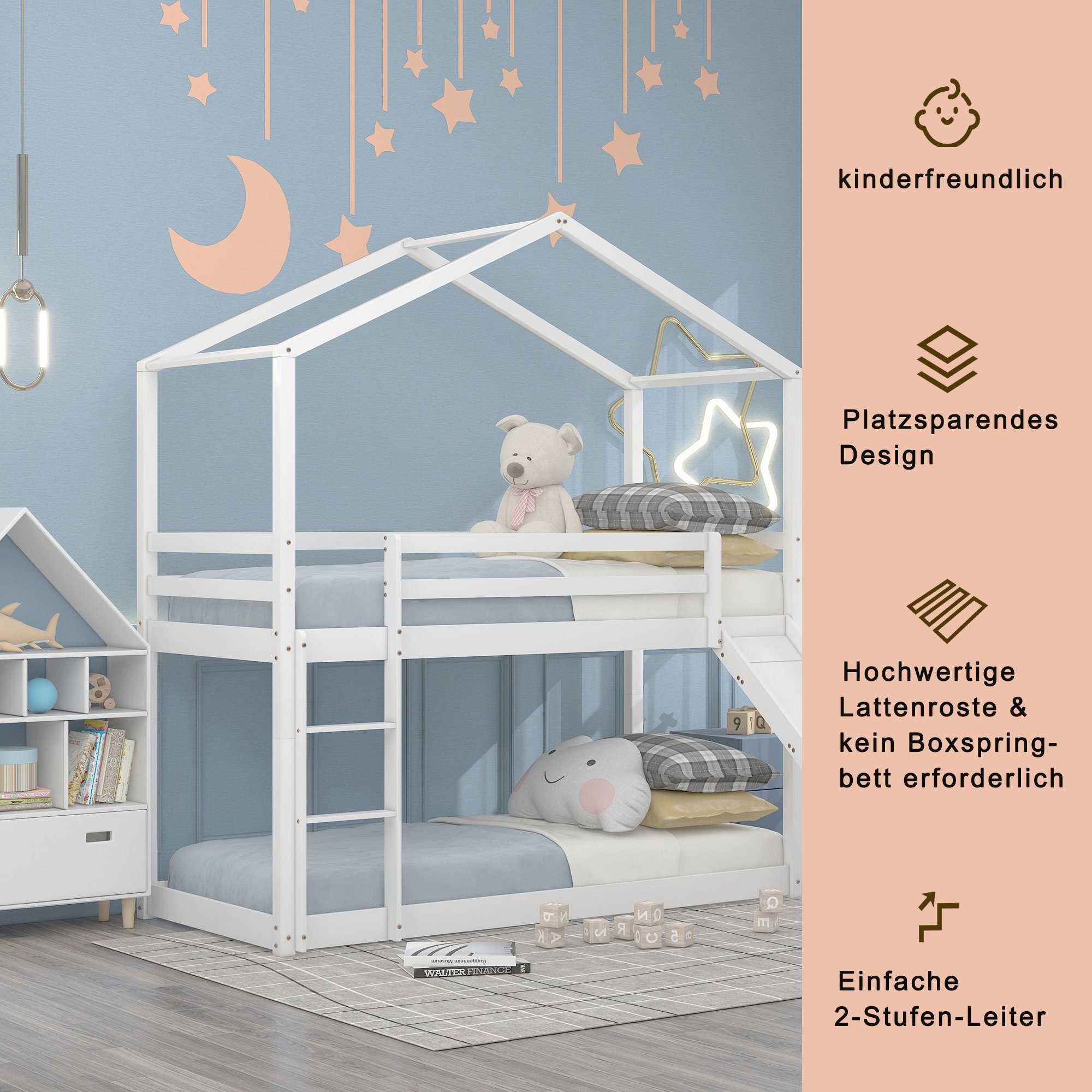 Etagenbett (Kinderbett Hausbett 90x200 cm), Hochbett mit Lattenrost, Rutsche, Rausfallschutz und Leiter, Kiefer