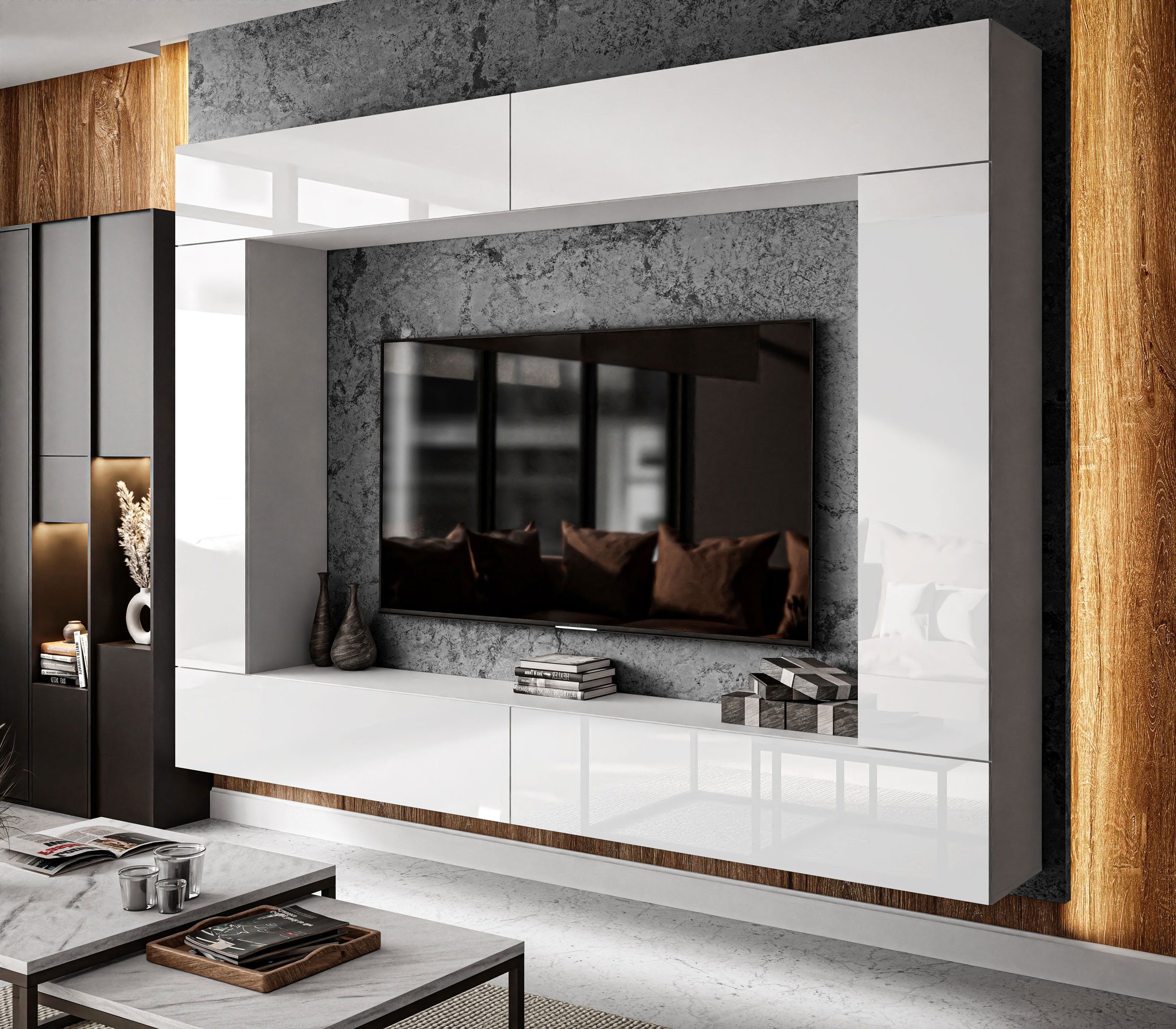 Lookway Wohnwand COLGANTE V weiß Hochglanz mit LED