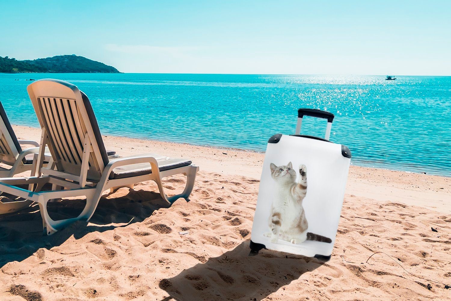 Spielende Reisekoffer rollen, Handgepäckkoffer weißem 4 Ferien, Handgepäck Hintergrund, Katze für auf Reisetasche MuchoWow Rollen, mit Trolley,