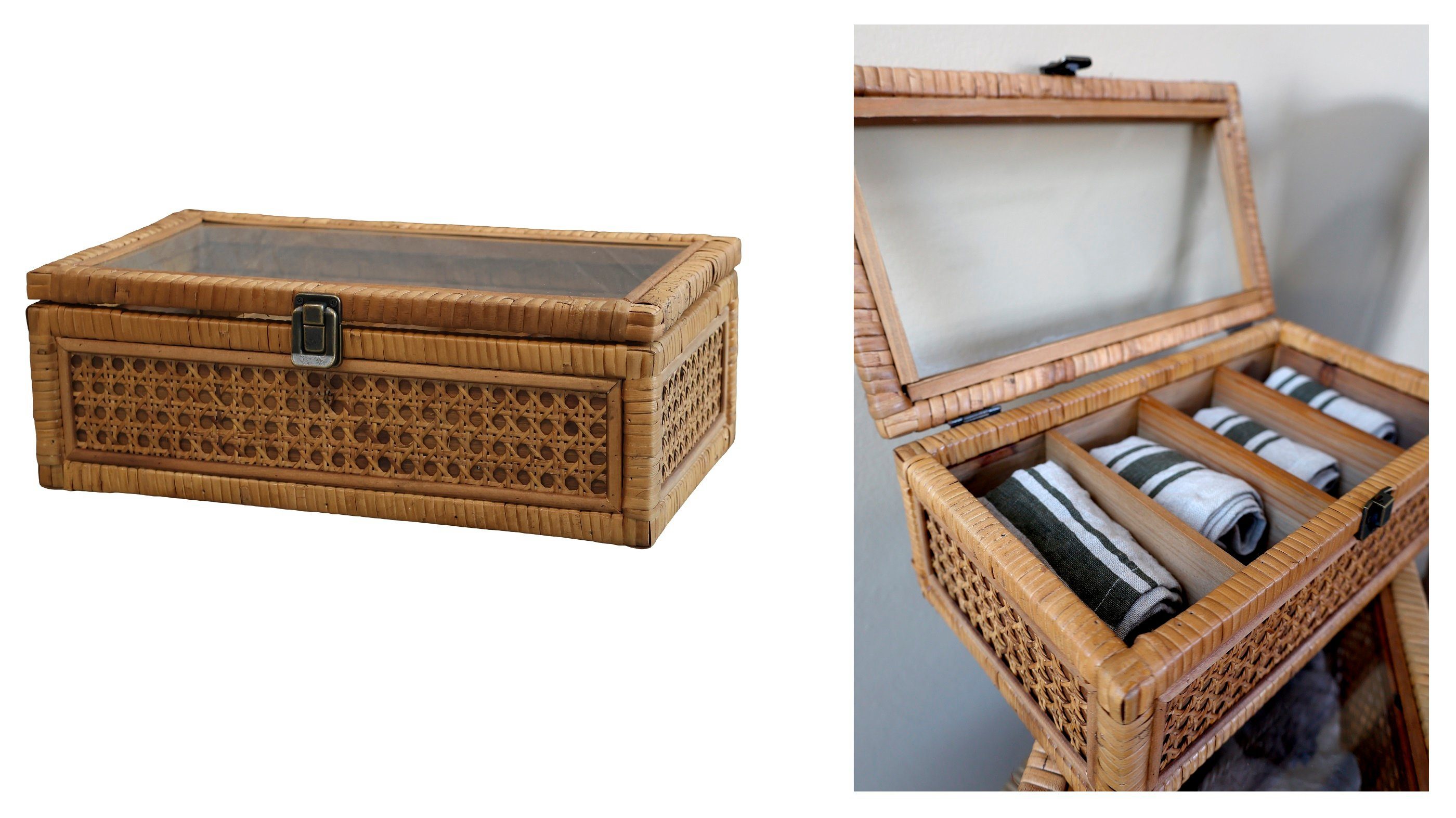 Holzkiste Chic Antique - Geflochtene Box Schachtel Schatulle 4 Fächer Rattan