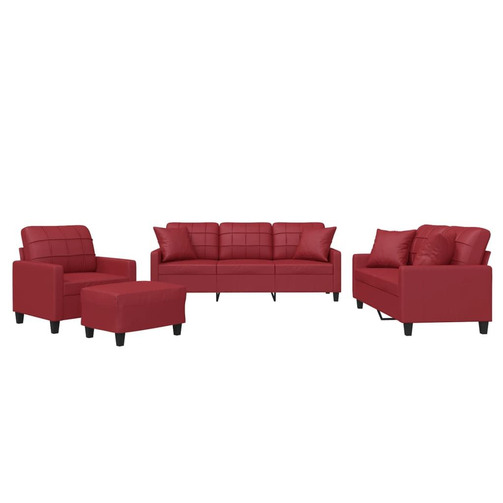 vidaXL Sofa, 4-tlg. Sofagarnitur mit Kissen Weinrot Kunstleder